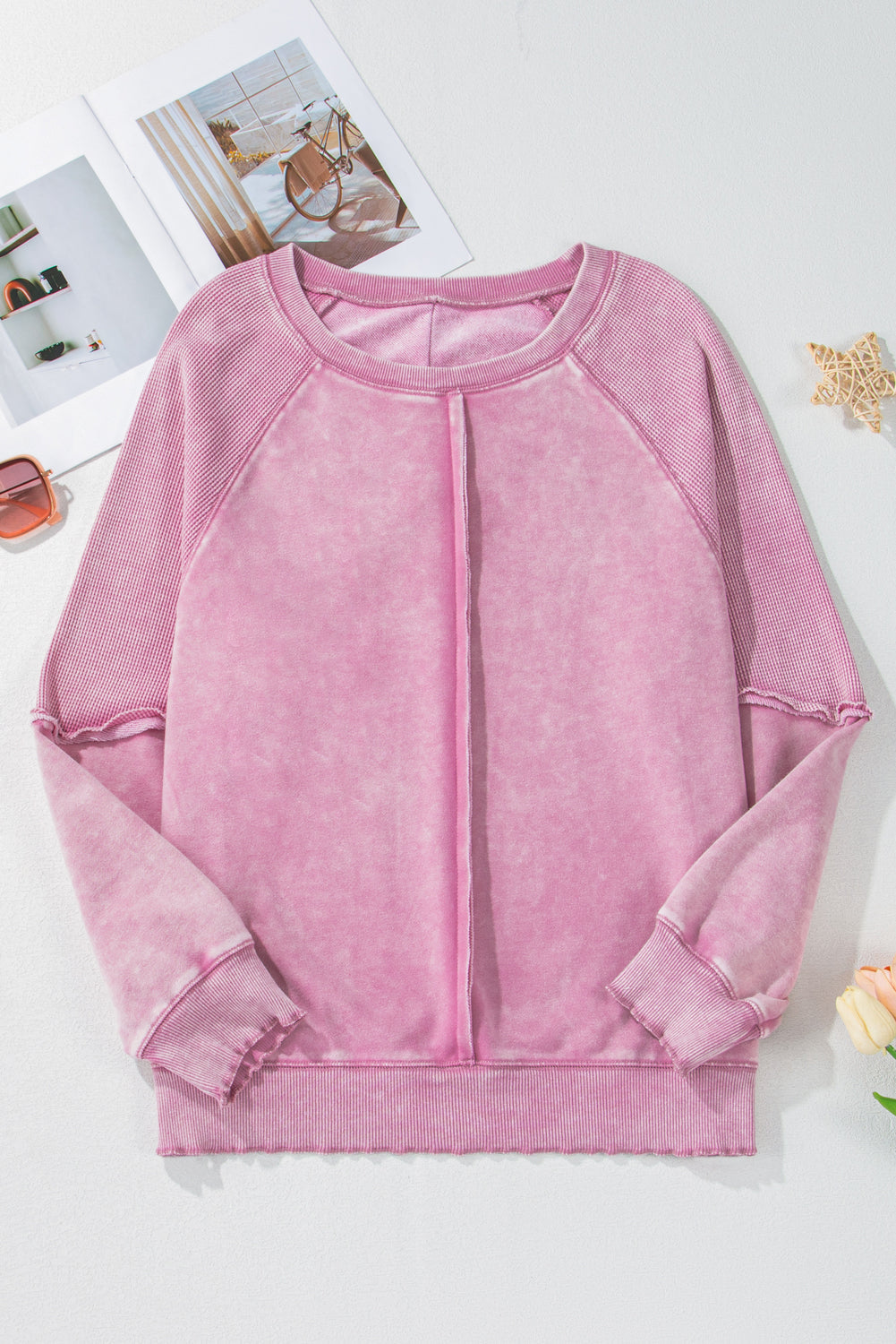 Pink Waffle Patchwork Raglan Sleeve Exposed Seam Sweatshirt - Sweatshirts & Hoodies