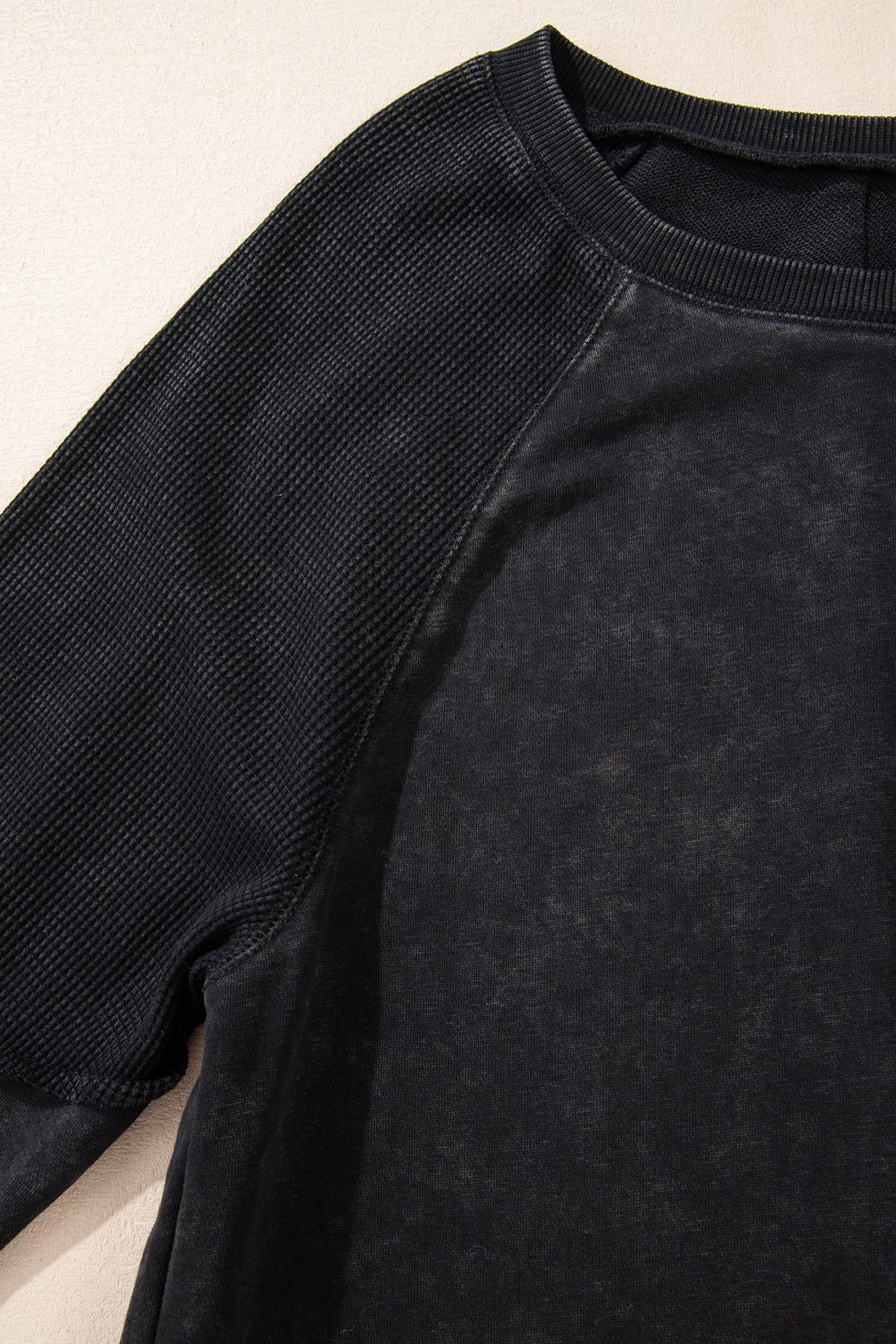 Pink Waffle Patchwork Raglan Sleeve Exposed Seam Sweatshirt - MAD RUFFI