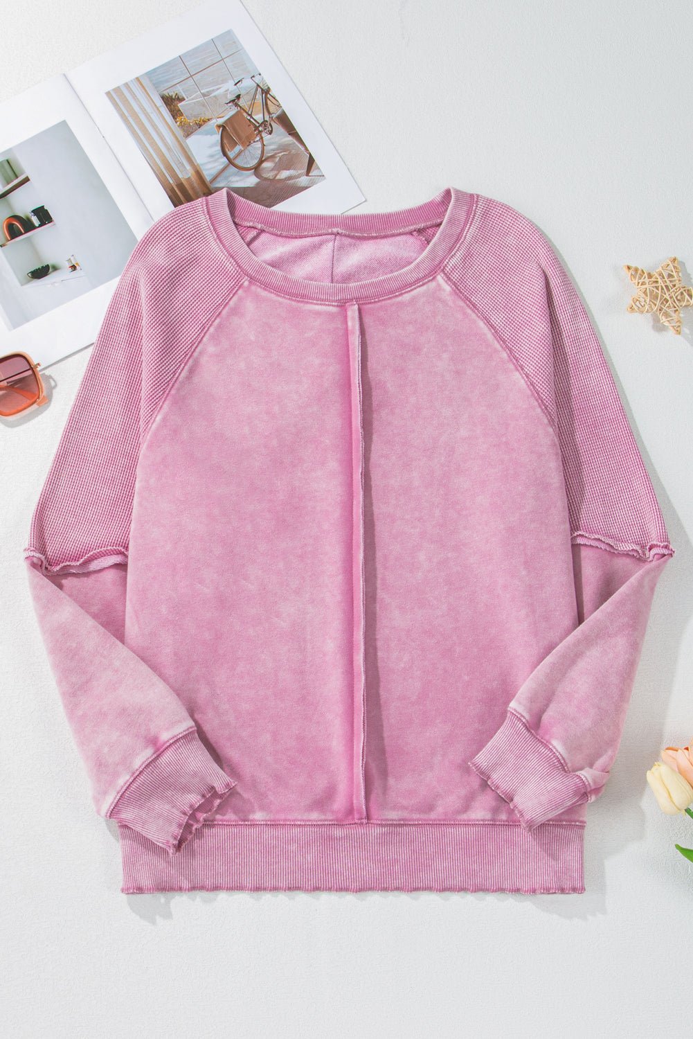 Pink Waffle Patchwork Raglan Sleeve Exposed Seam Sweatshirt - MAD RUFFI