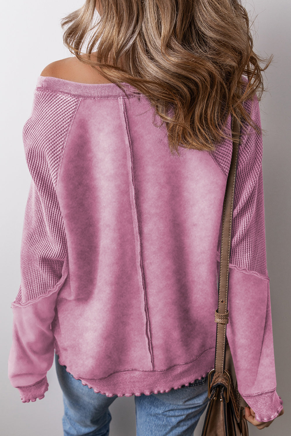 Pink Waffle Patchwork Raglan Sleeve Exposed Seam Sweatshirt - Sweatshirts & Hoodies