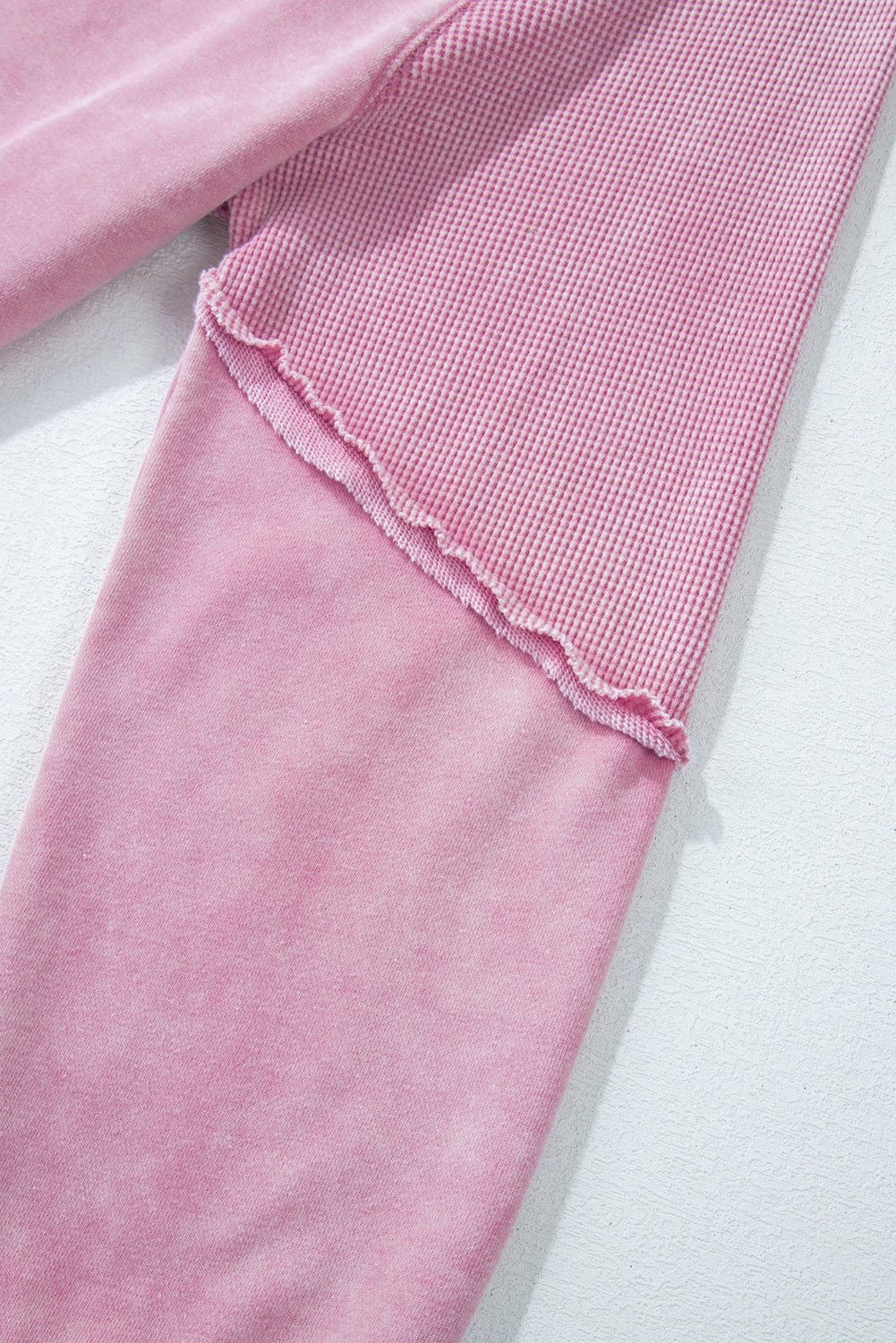 Pink Waffle Patchwork Raglan Sleeve Exposed Seam Sweatshirt - MAD RUFFI