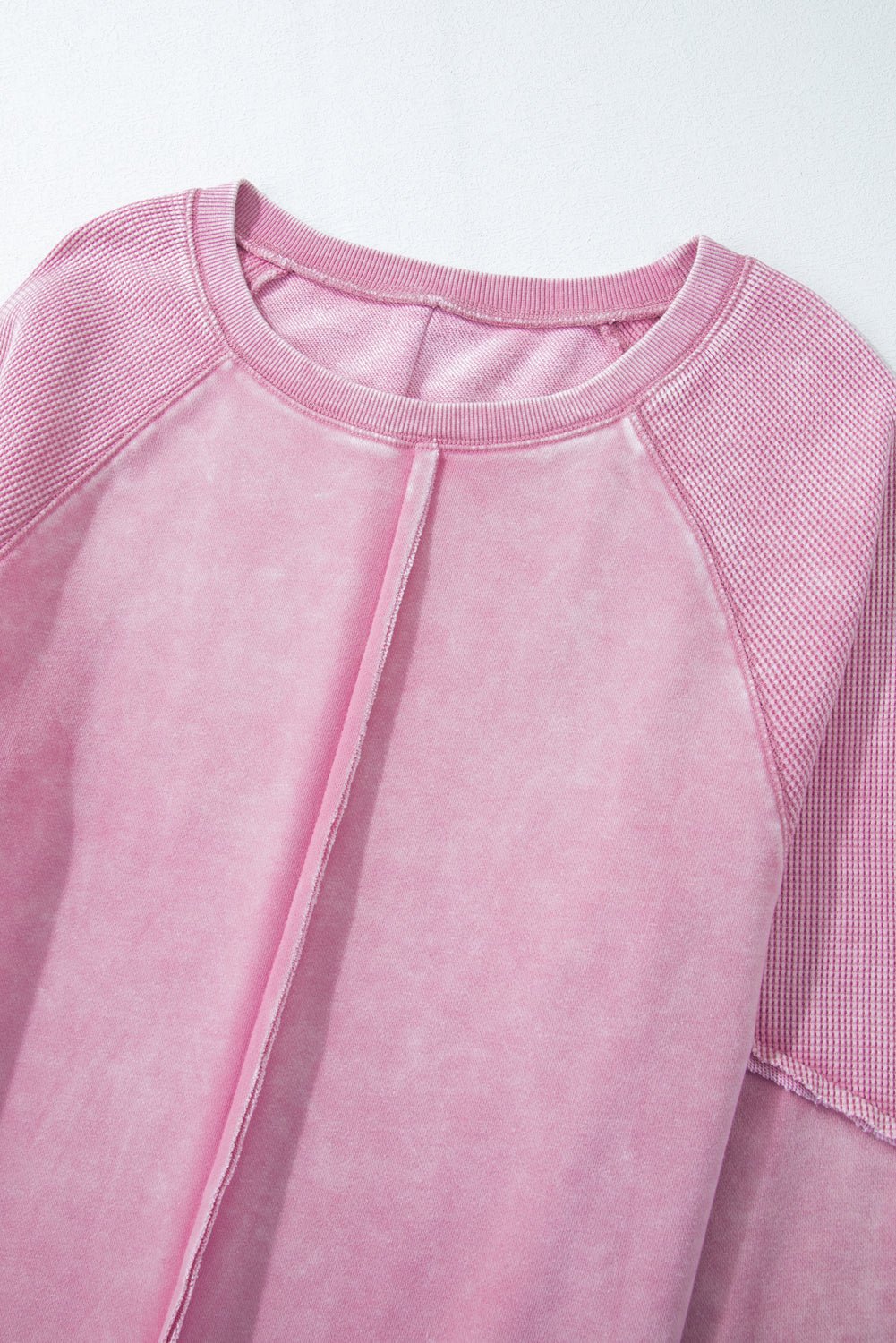 Pink Waffle Patchwork Raglan Sleeve Exposed Seam Sweatshirt - MAD RUFFI