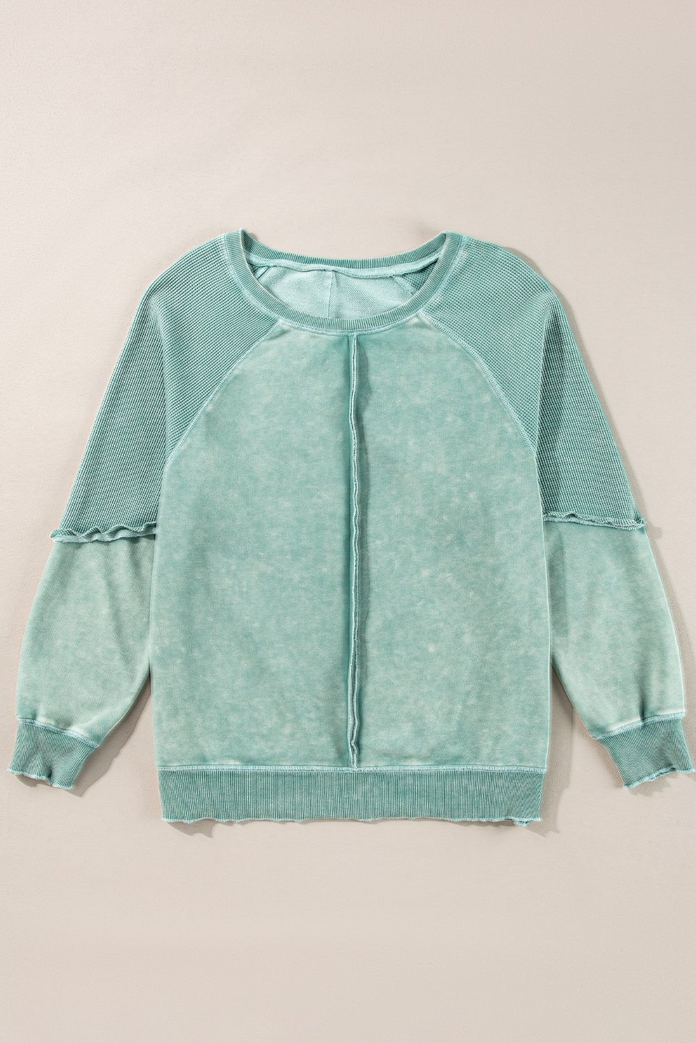 Pink Waffle Patchwork Raglan Sleeve Exposed Seam Sweatshirt - MAD RUFFI