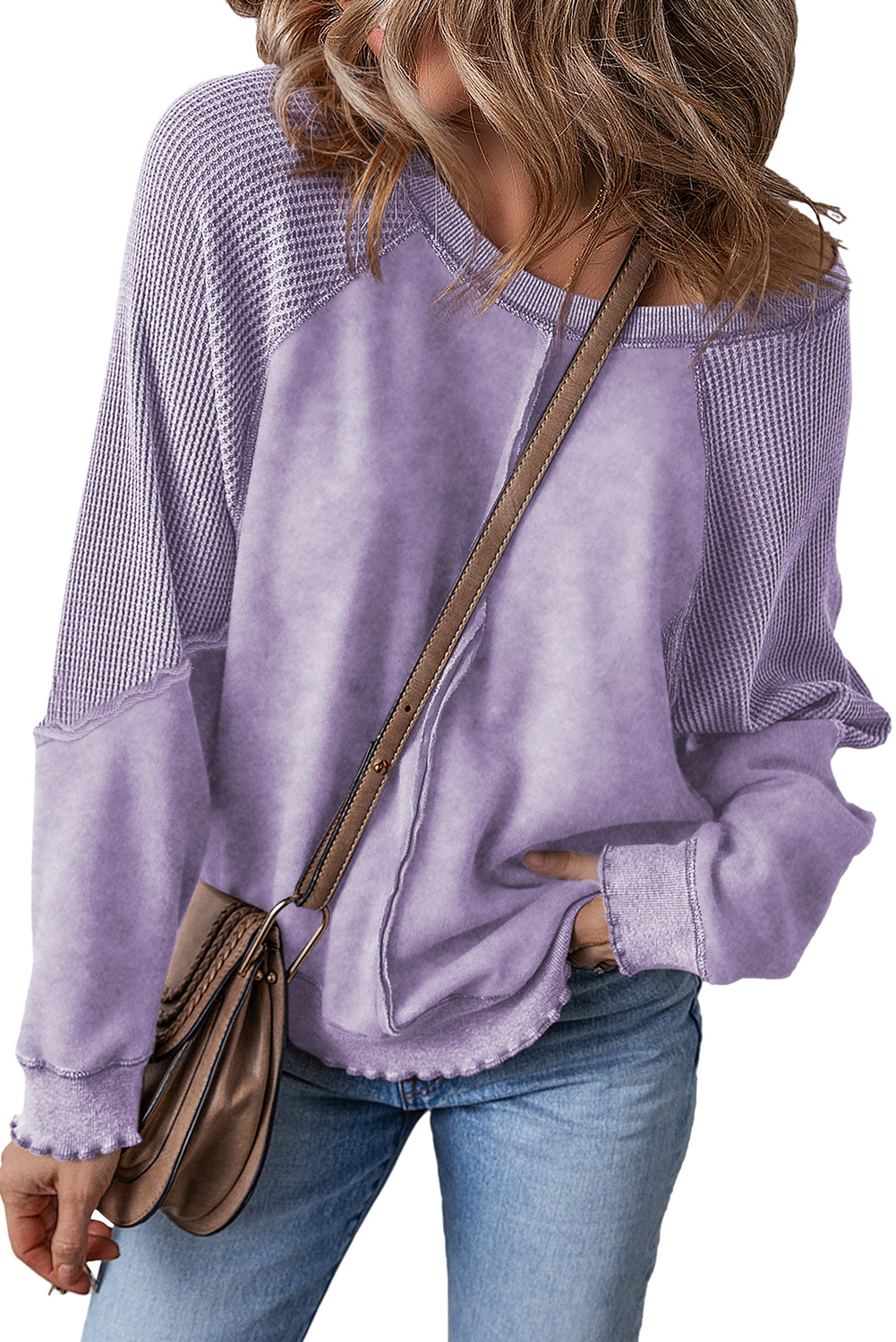 Pink Waffle Patchwork Raglan Sleeve Exposed Seam Sweatshirt - Sweatshirts & Hoodies