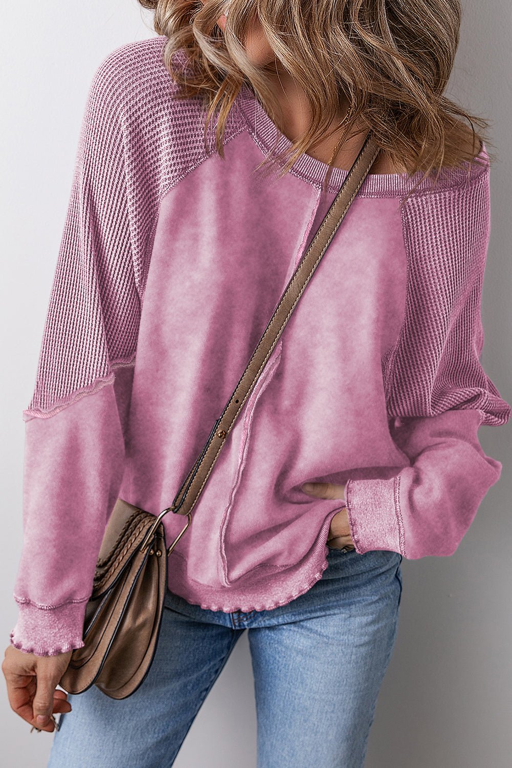 Pink Waffle Patchwork Raglan Sleeve Exposed Seam Sweatshirt - MAD RUFFI