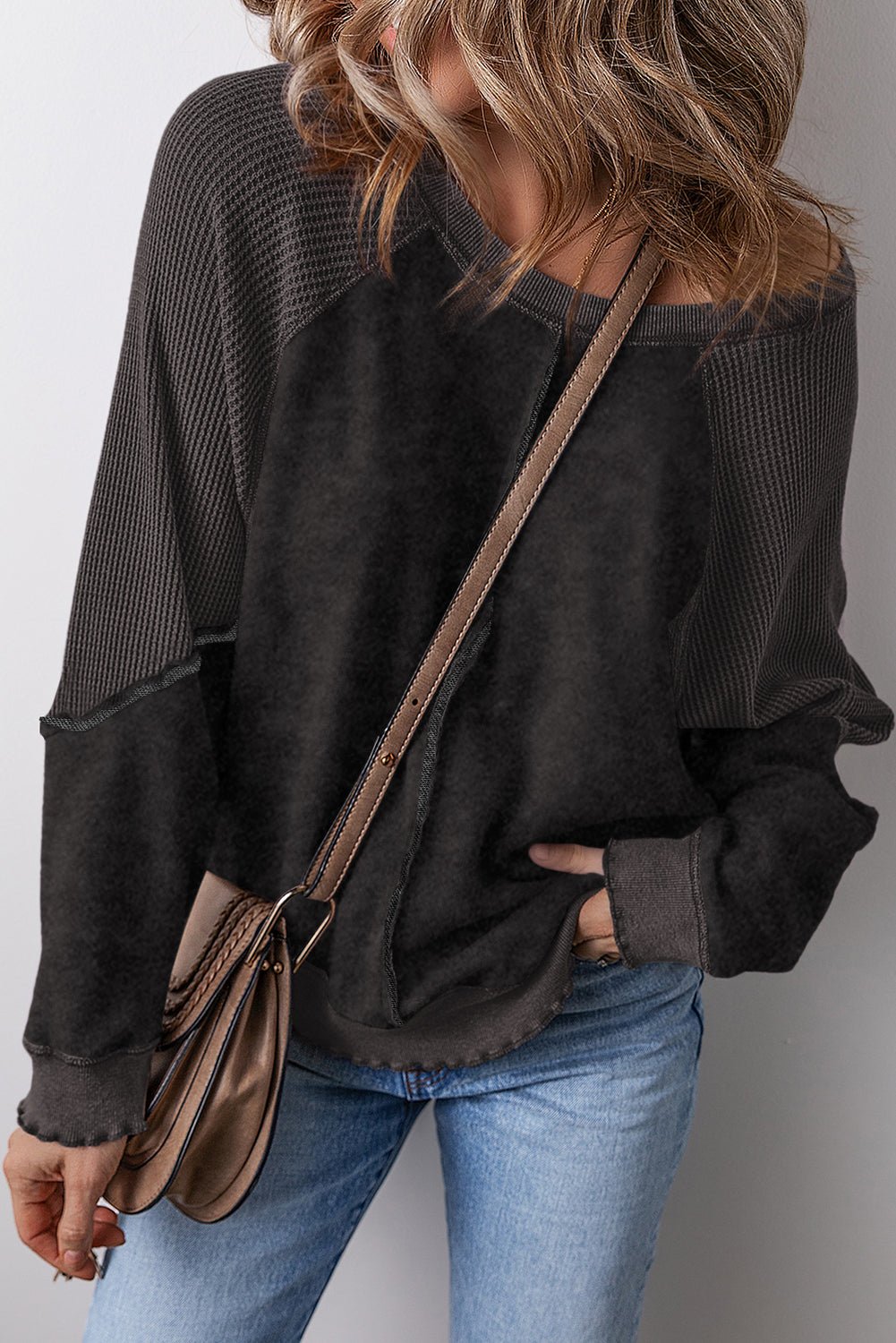 Pink Waffle Patchwork Raglan Sleeve Exposed Seam Sweatshirt - MAD RUFFI