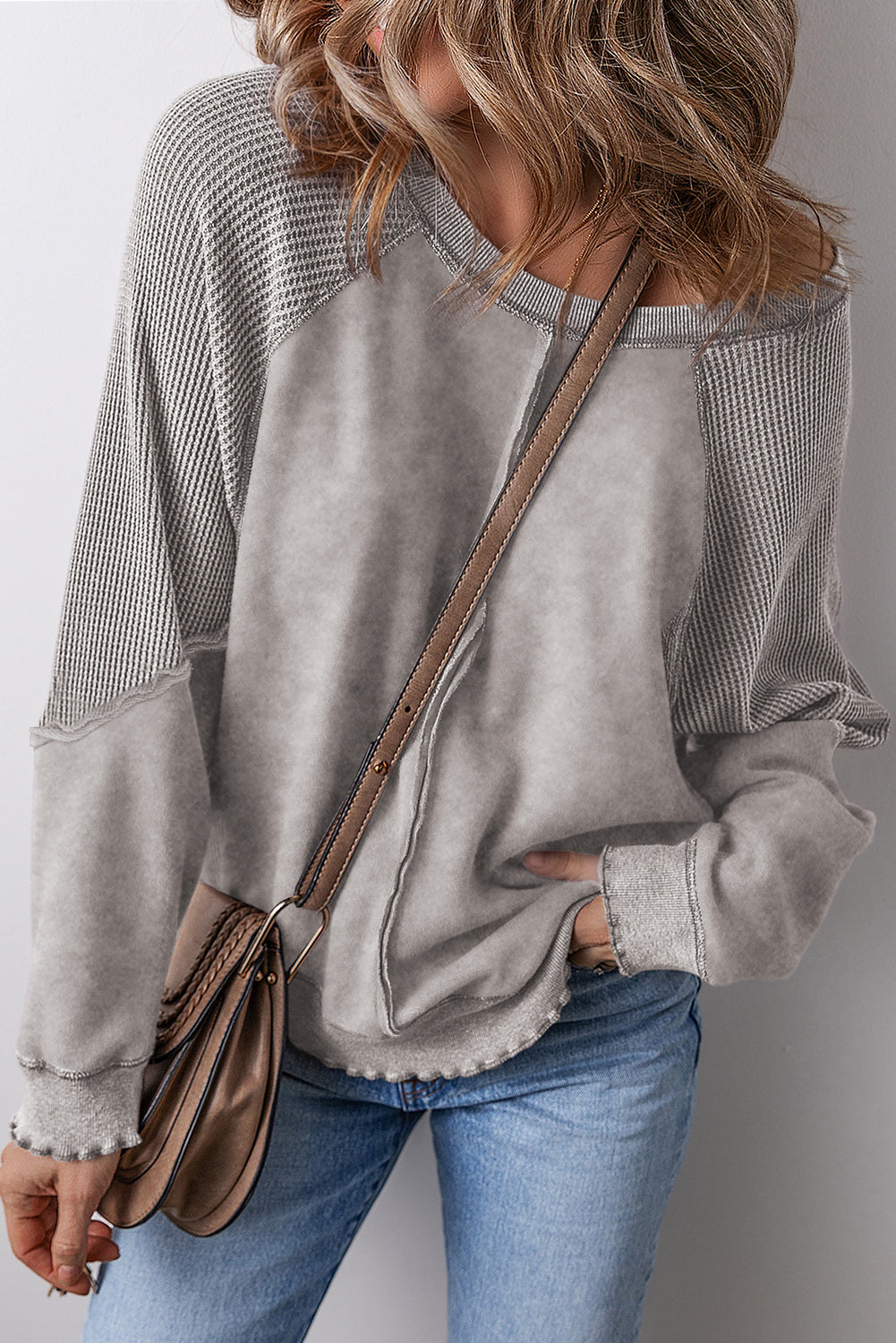 Pink Waffle Patchwork Raglan Sleeve Exposed Seam Sweatshirt - Light Grey / S - Sweatshirts & Hoodies