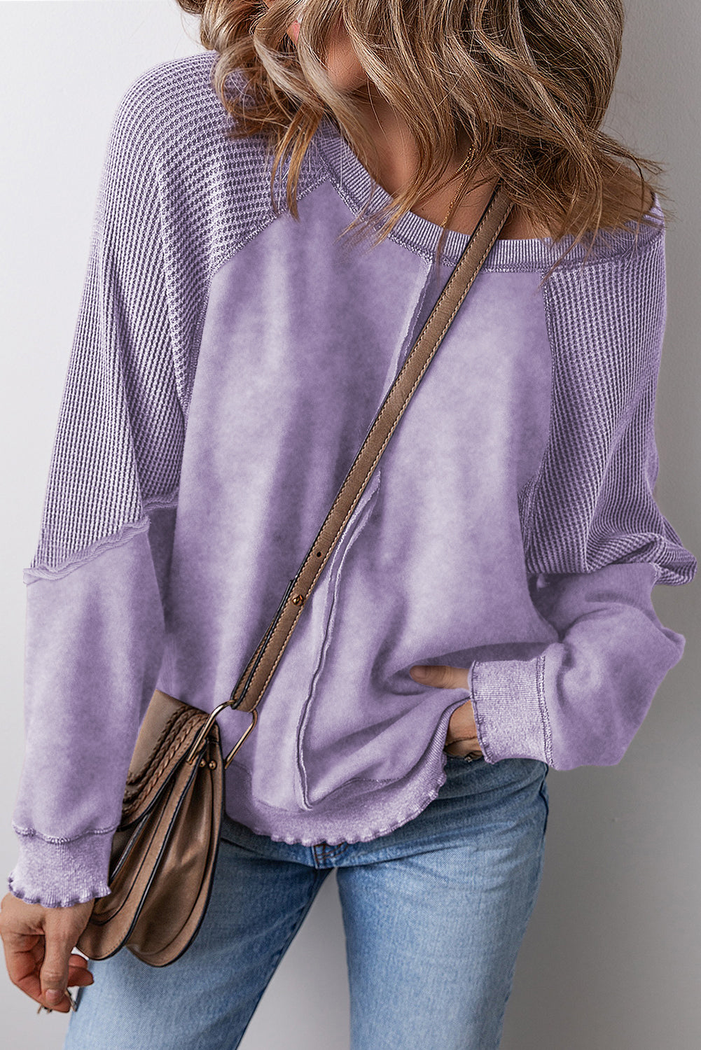 Pink Waffle Patchwork Raglan Sleeve Exposed Seam Sweatshirt - Orchid Petal / S - Sweatshirts & Hoodies