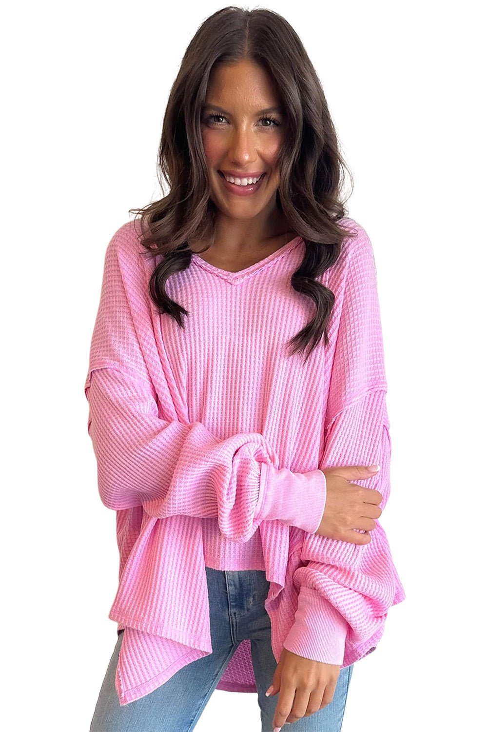 Pink Waffle Textured V - Neck Oversized Top - MAD RUFFI