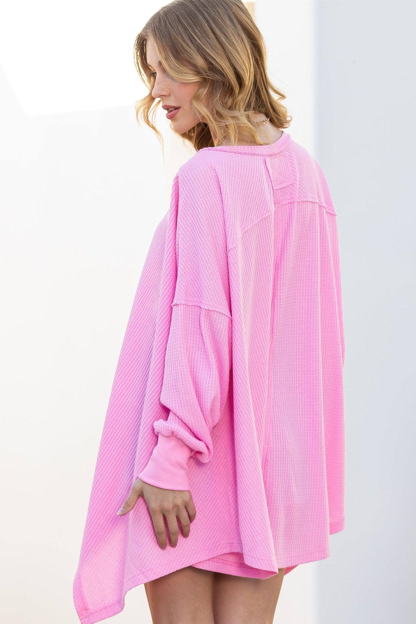 Pink Waffle Textured V - Neck Oversized Top - MAD RUFFI