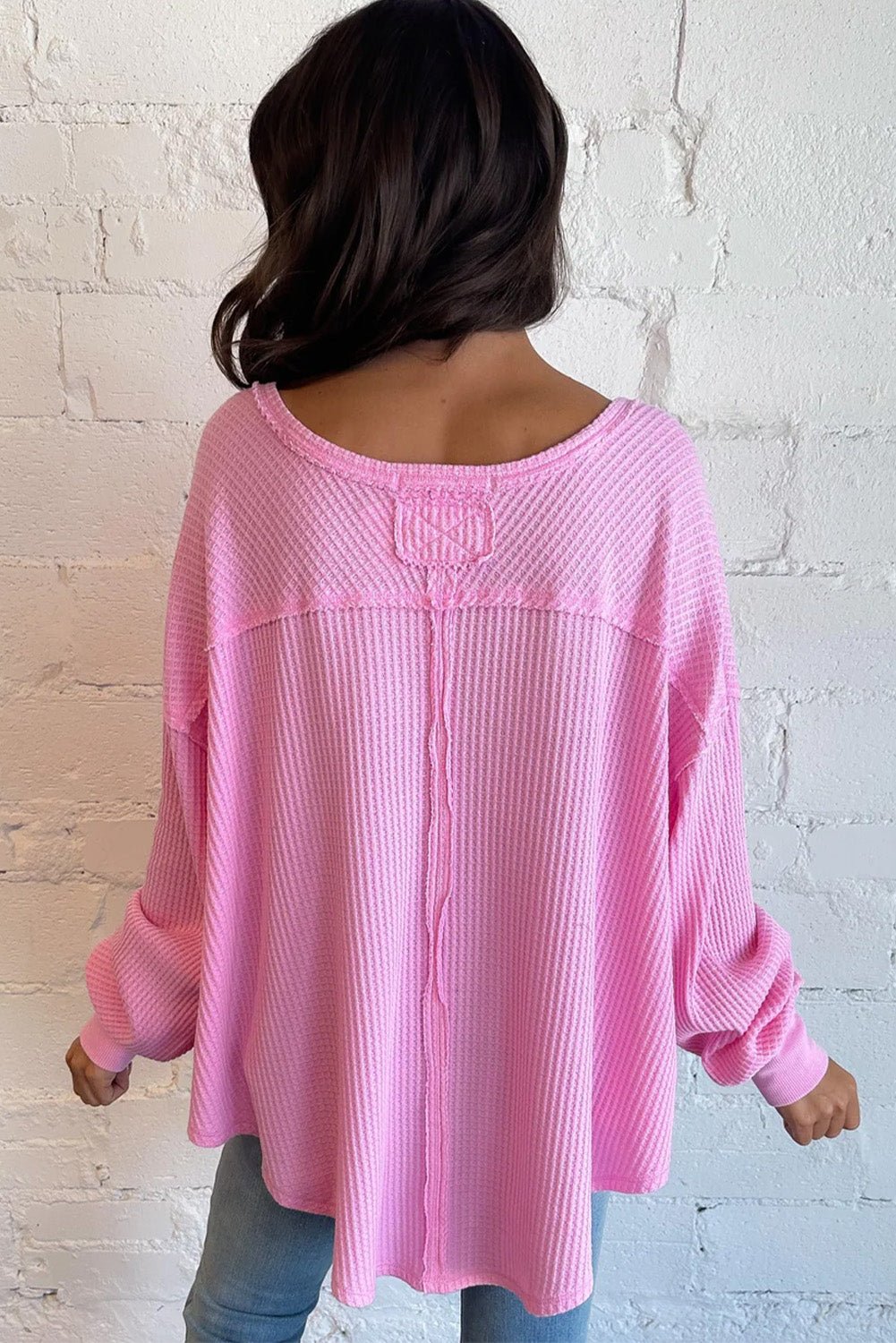 Pink Waffle Textured V - Neck Oversized Top - MAD RUFFI