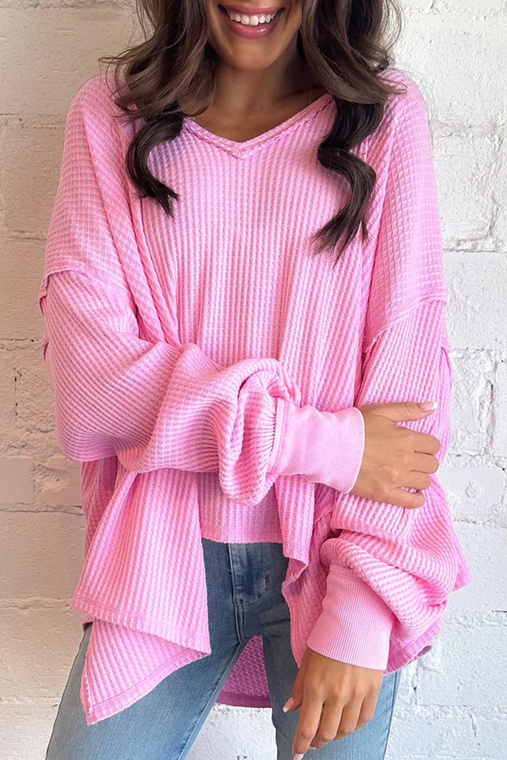 Pink Waffle Textured V - Neck Oversized Top - MAD RUFFI