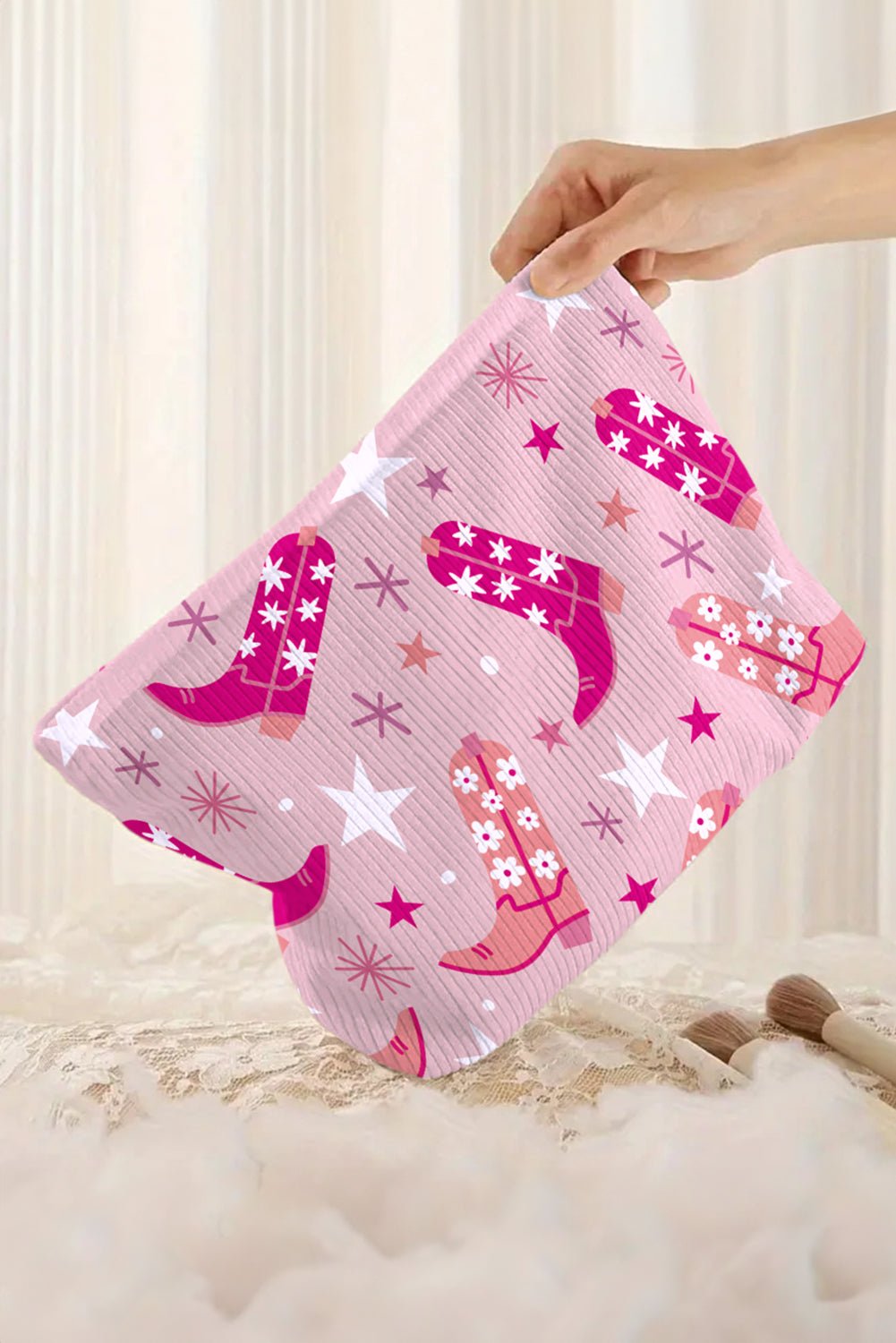 Pink Western Cowboy Boots Print Corduroy Makeup Bag - MAD RUFFI