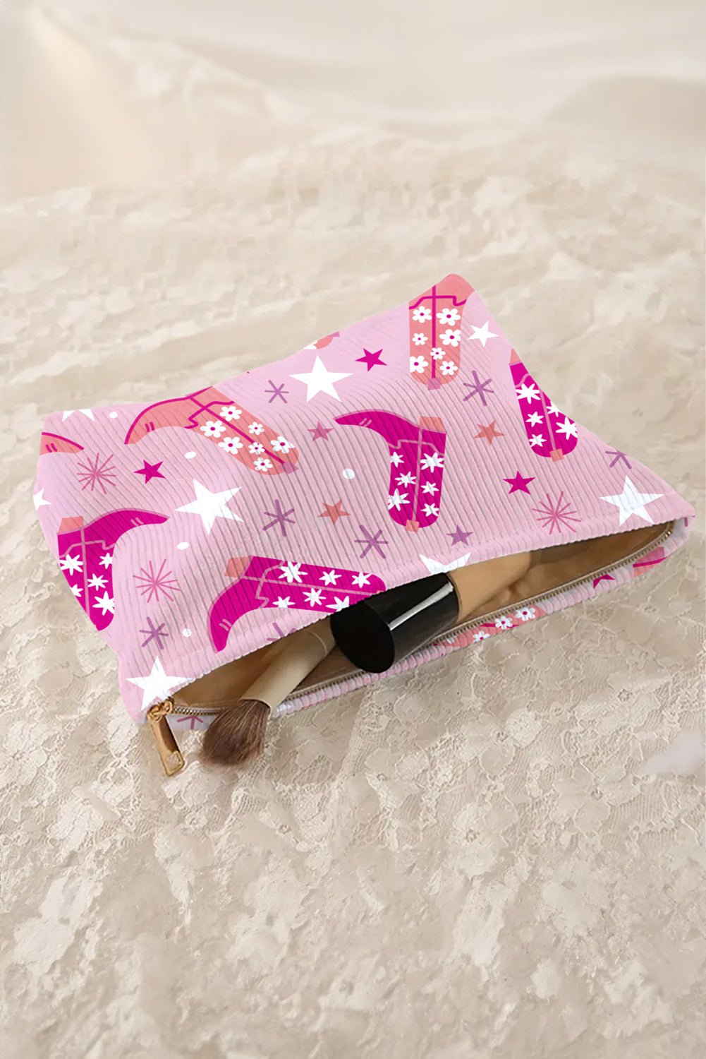 Pink Western Cowboy Boots Print Corduroy Makeup Bag - MAD RUFFI