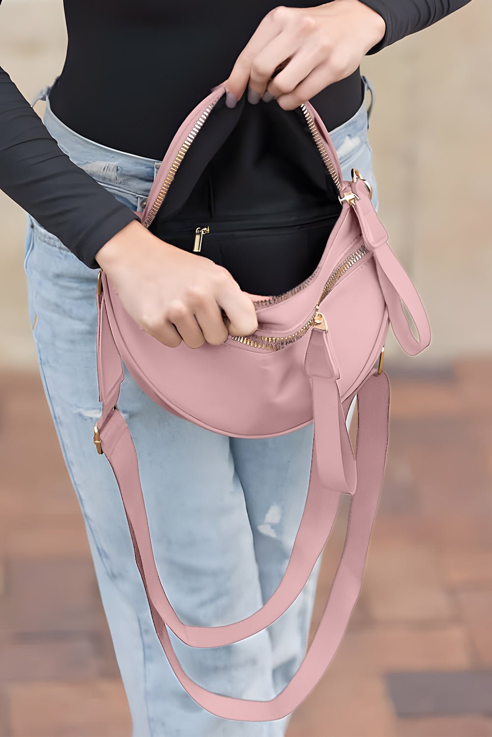 Pink Wide Strap Double Zipper Crossbody Bag - MAD RUFFI