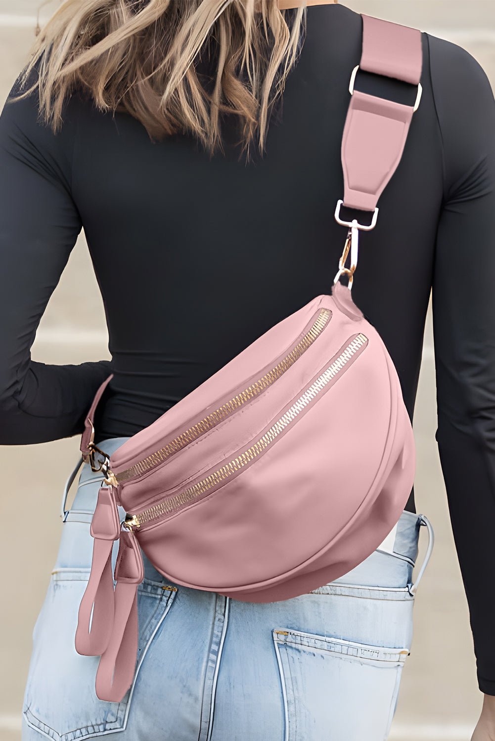 Pink Wide Strap Double Zipper Crossbody Bag - MAD RUFFI