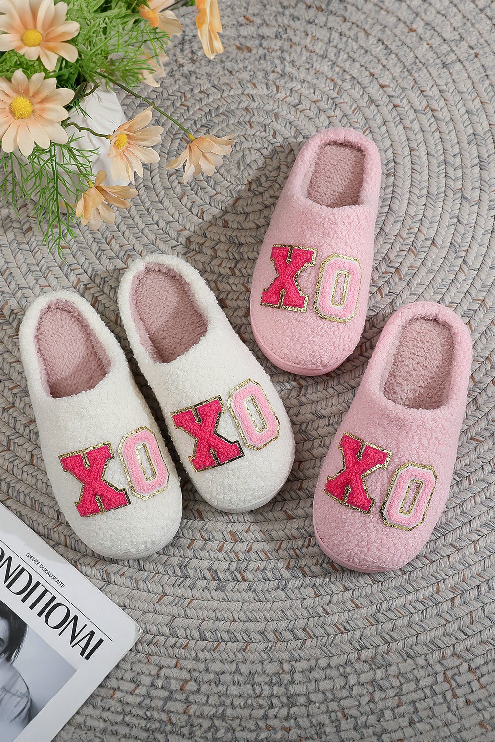 Pink XOXO Letter Graphic Plush Winter Slippers - MAD RUFFI