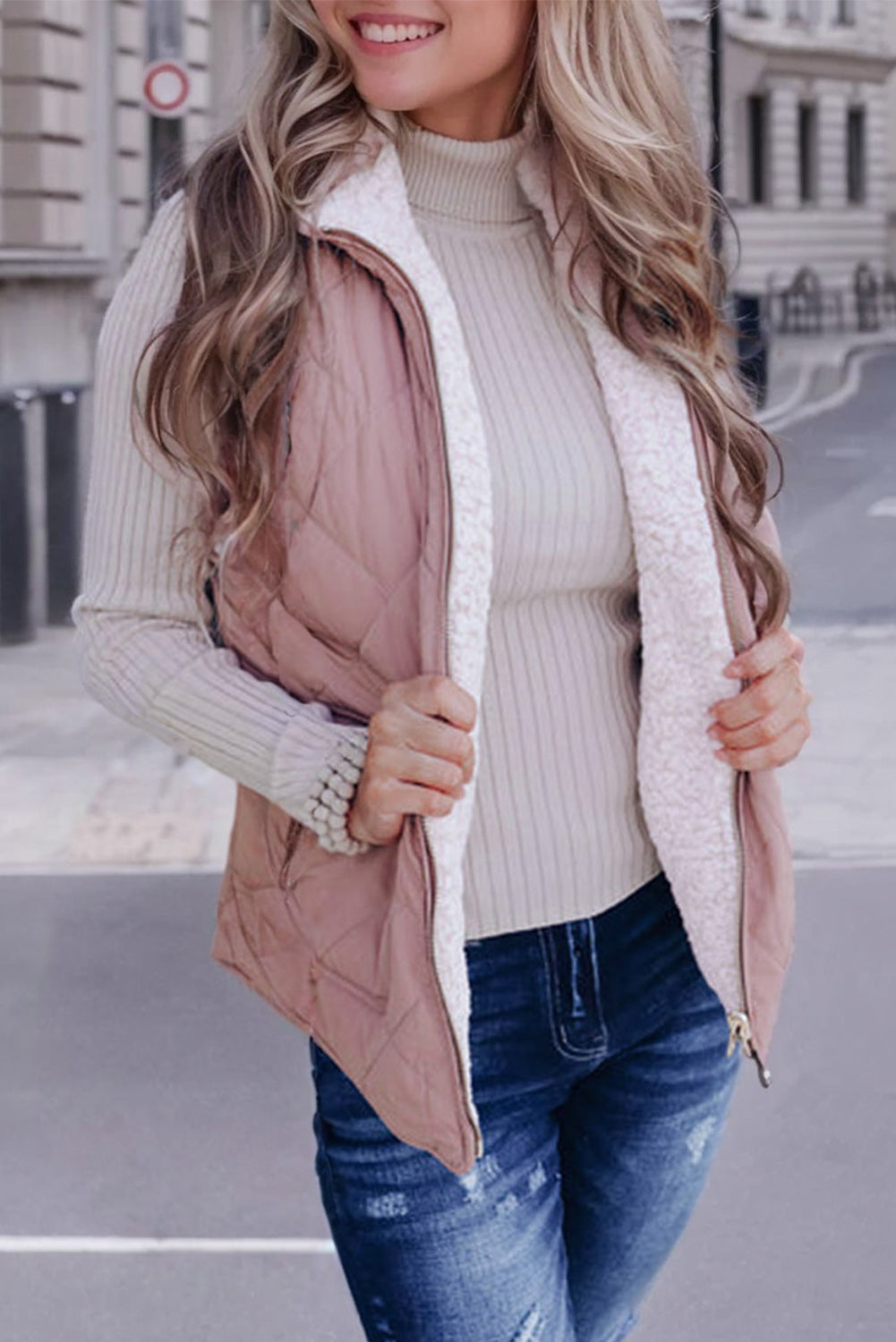 Pink Zip Up Fleece Lined Quilted Vest Coat - MAD RUFFI