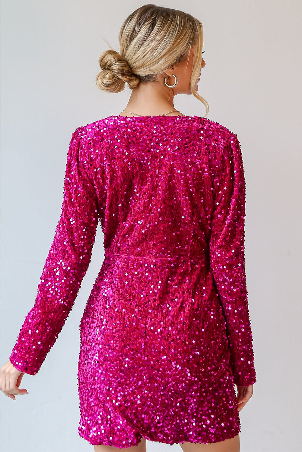 Pitaya Pink Velvet Sequin Long Sleeve V Neck Wrapped Mini Dress - MAD RUFFI