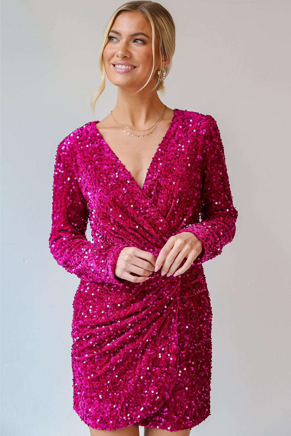 Pitaya Pink Velvet Sequin Long Sleeve V Neck Wrapped Mini Dress - MAD RUFFI