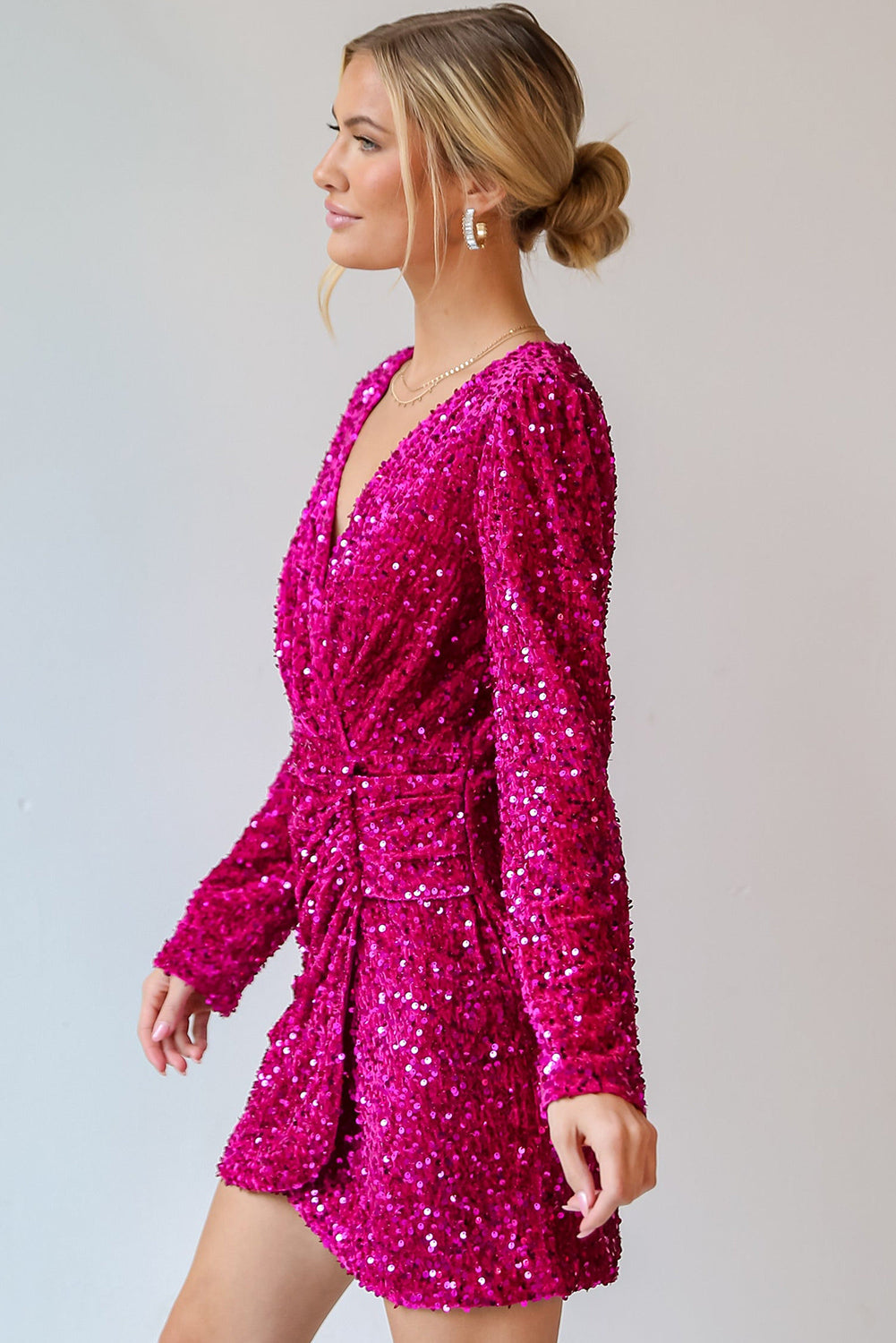 Pitaya Pink Velvet Sequin Long Sleeve V Neck Wrapped Mini Dress - MAD RUFFI