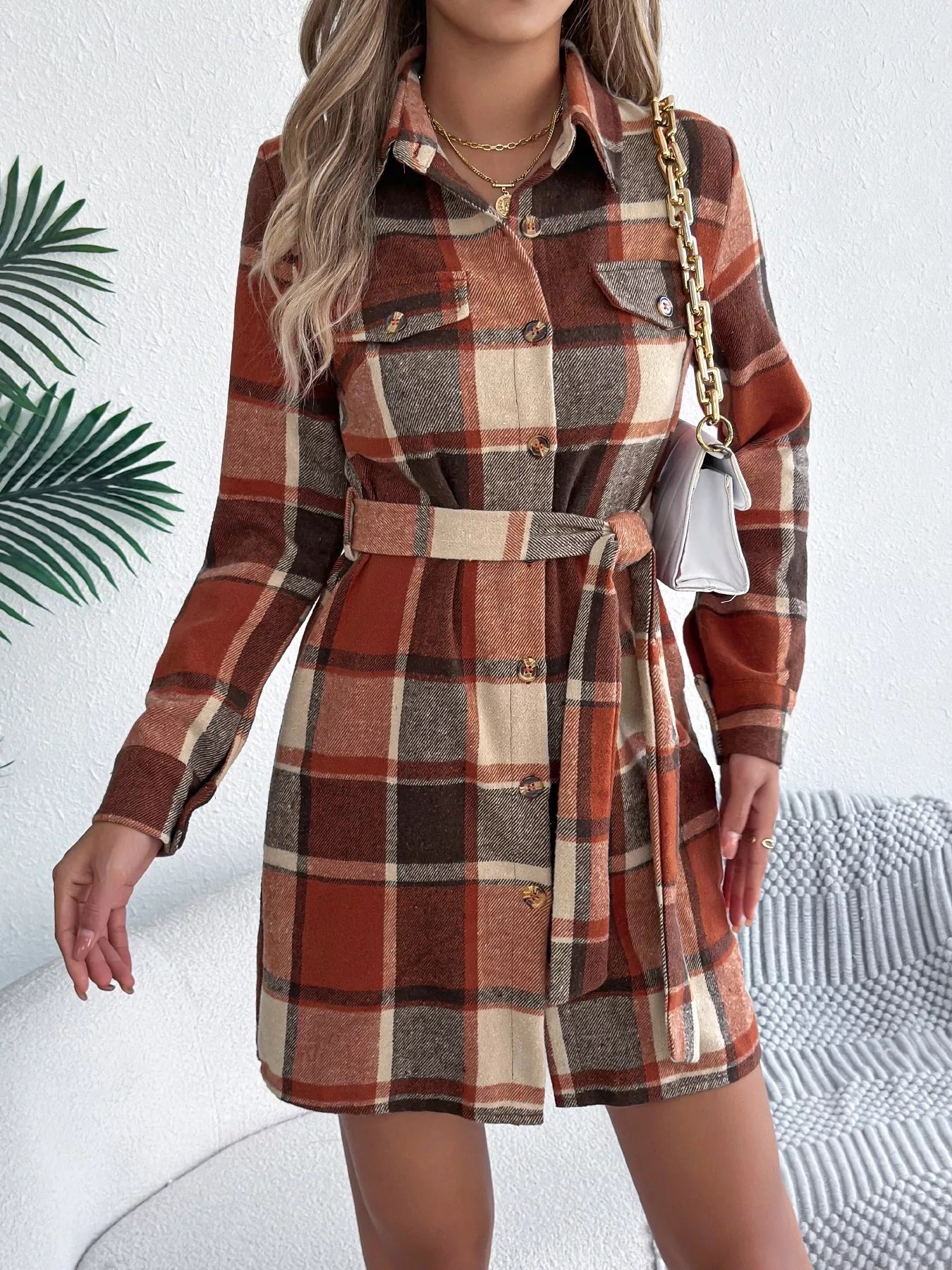 Plaid Button Front Tie Waist Shirt Dress - MAD RUFFI
