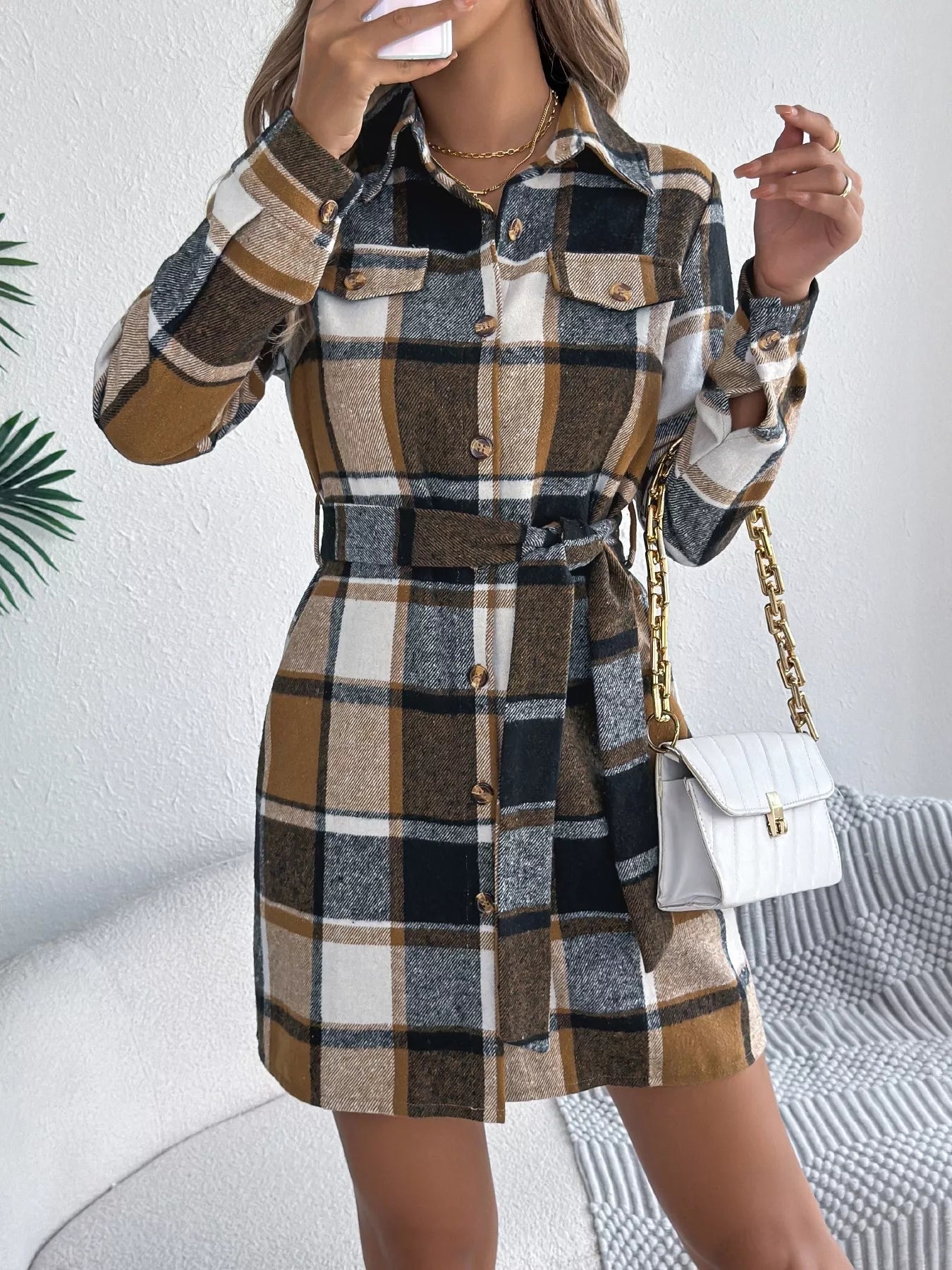 Plaid Button Front Tie Waist Shirt Dress - MAD RUFFI
