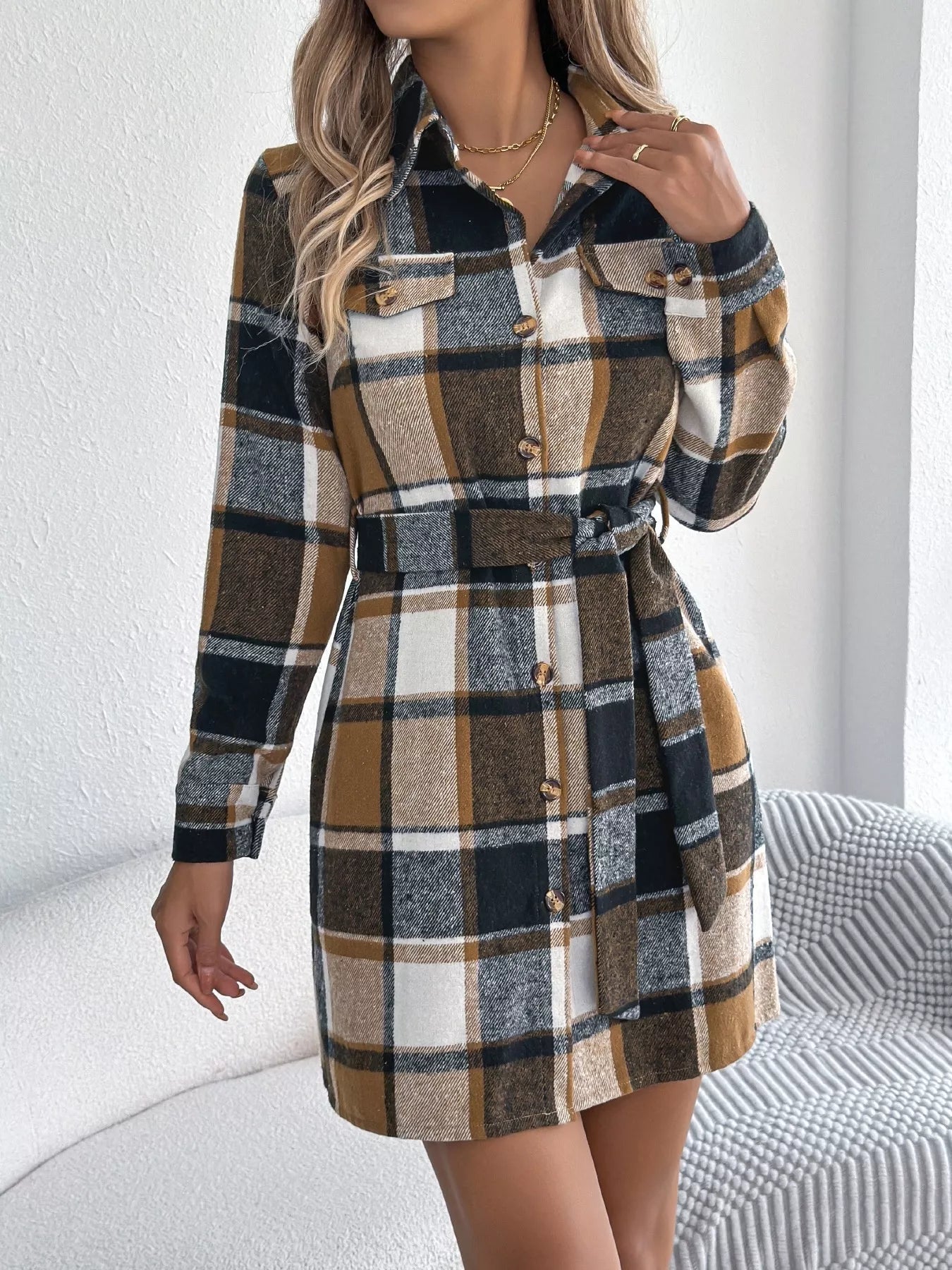 Plaid Button Front Tie Waist Shirt Dress - MAD RUFFI