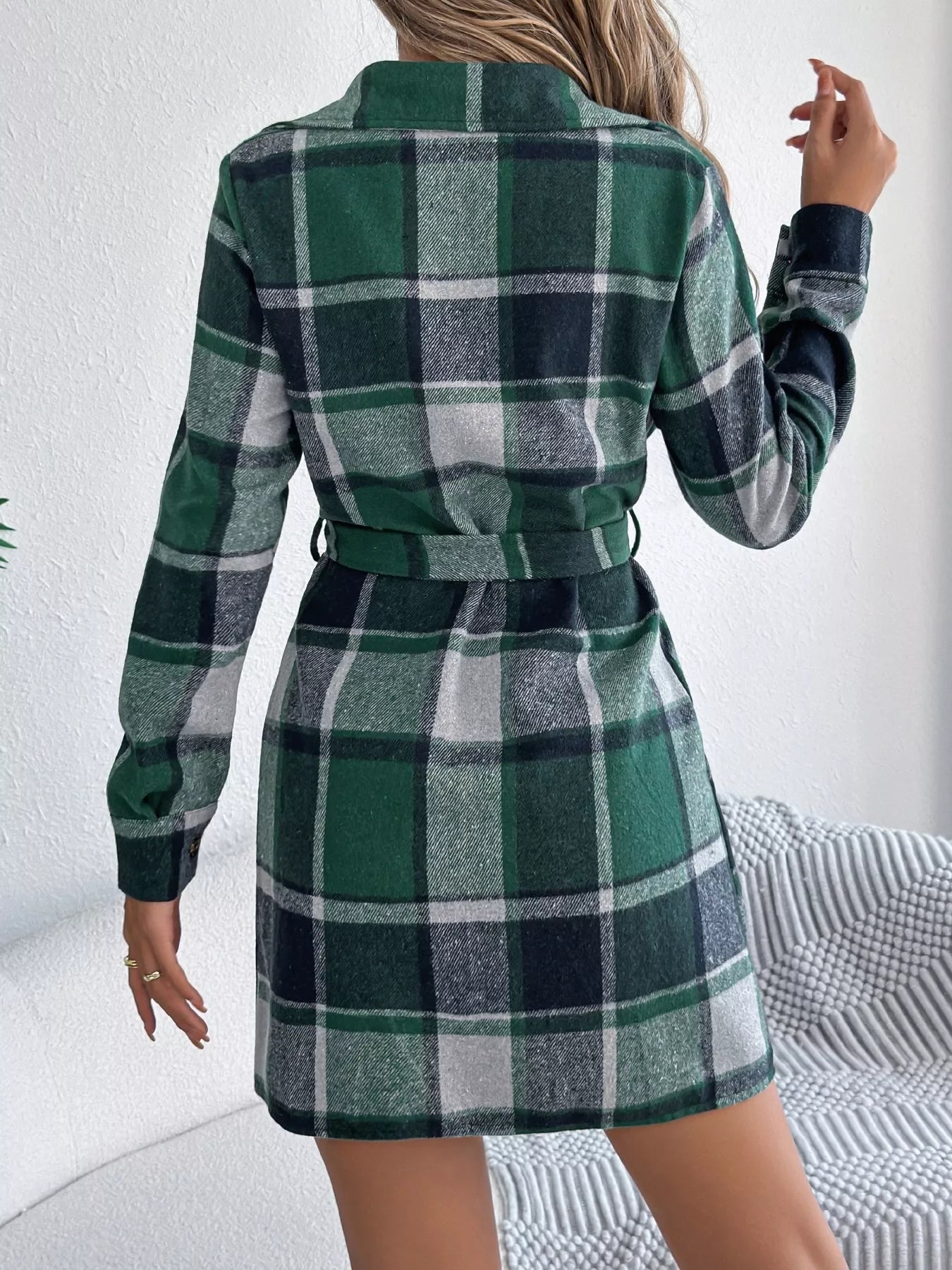 Plaid Button Front Tie Waist Shirt Dress - MAD RUFFI