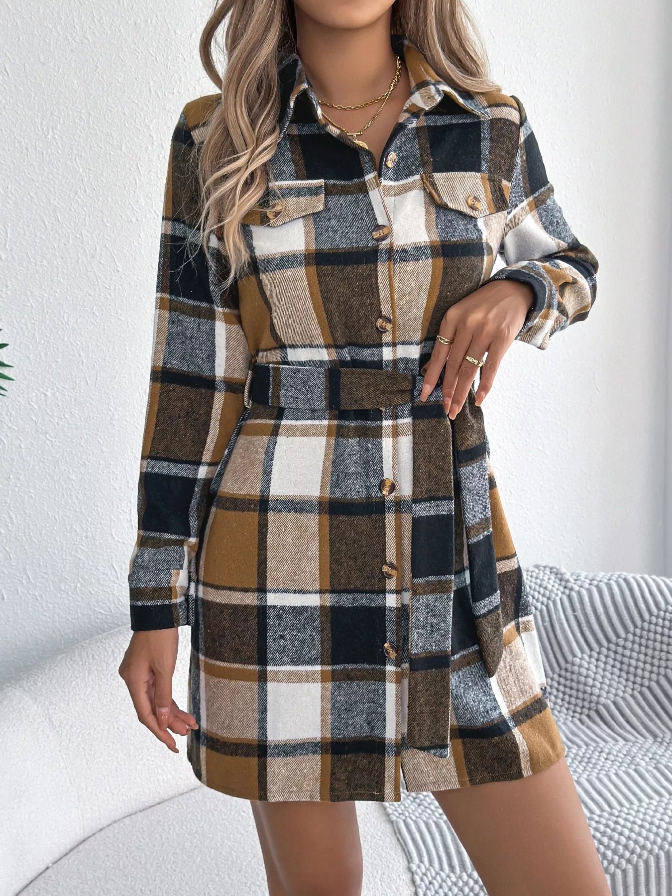 Plaid Button Front Tie Waist Shirt Dress - MAD RUFFI