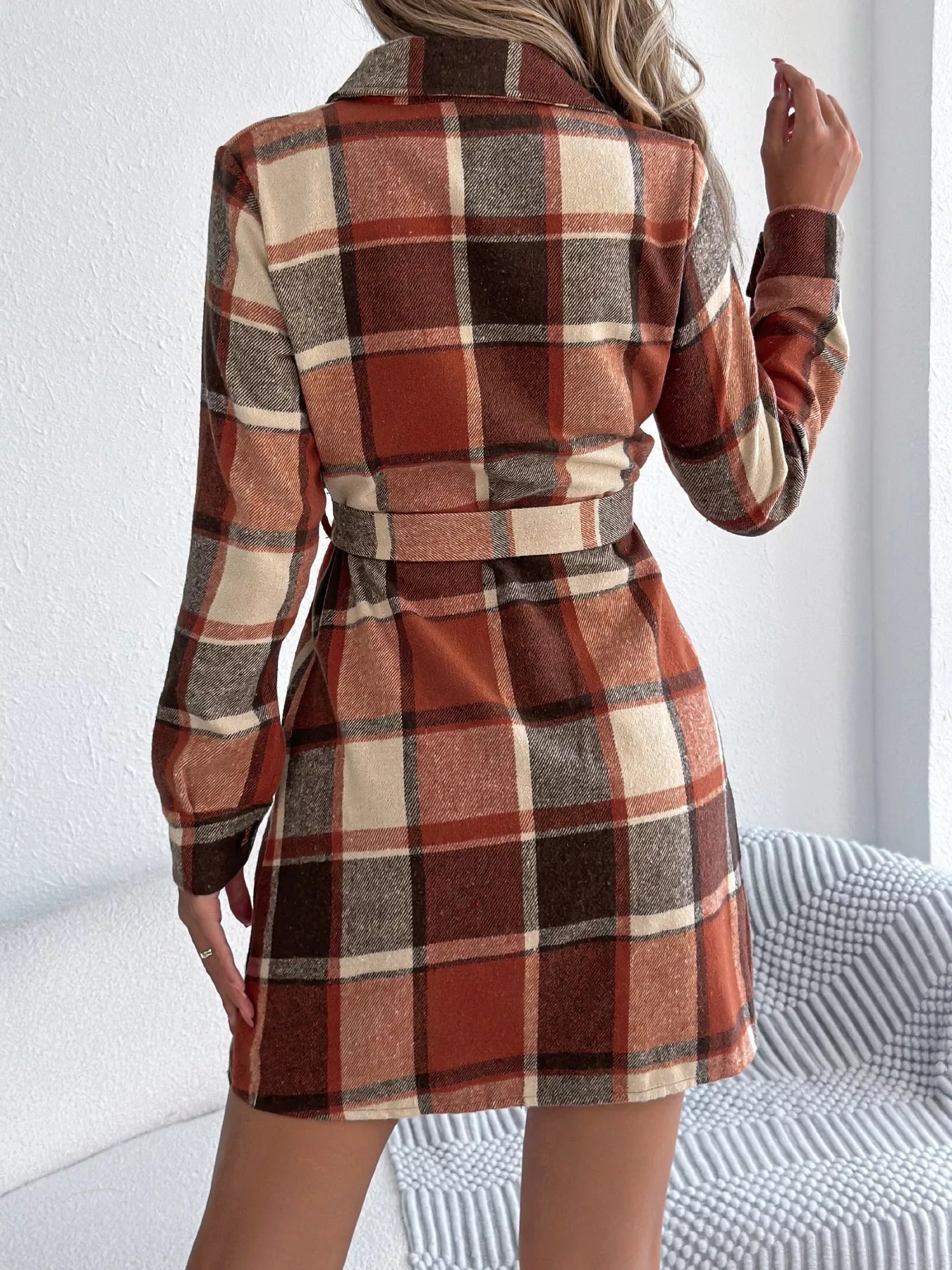 Plaid Button Front Tie Waist Shirt Dress - MAD RUFFI