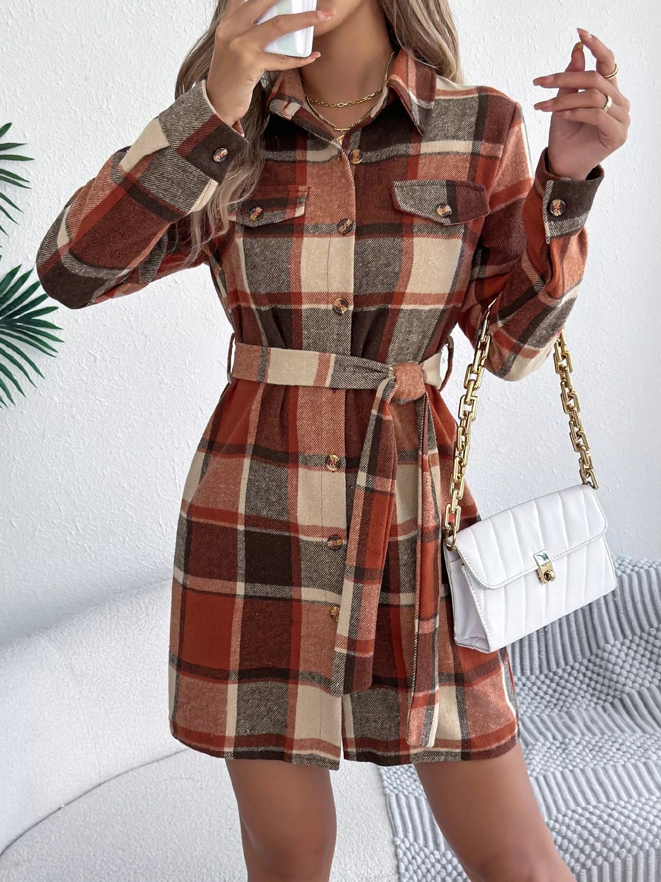 Plaid Button Front Tie Waist Shirt Dress - MAD RUFFI