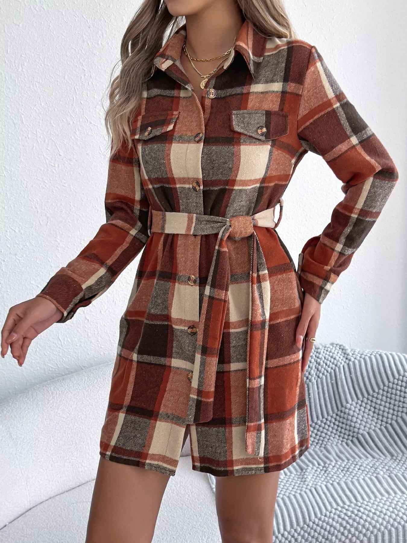 Plaid Button Front Tie Waist Shirt Dress - MAD RUFFI
