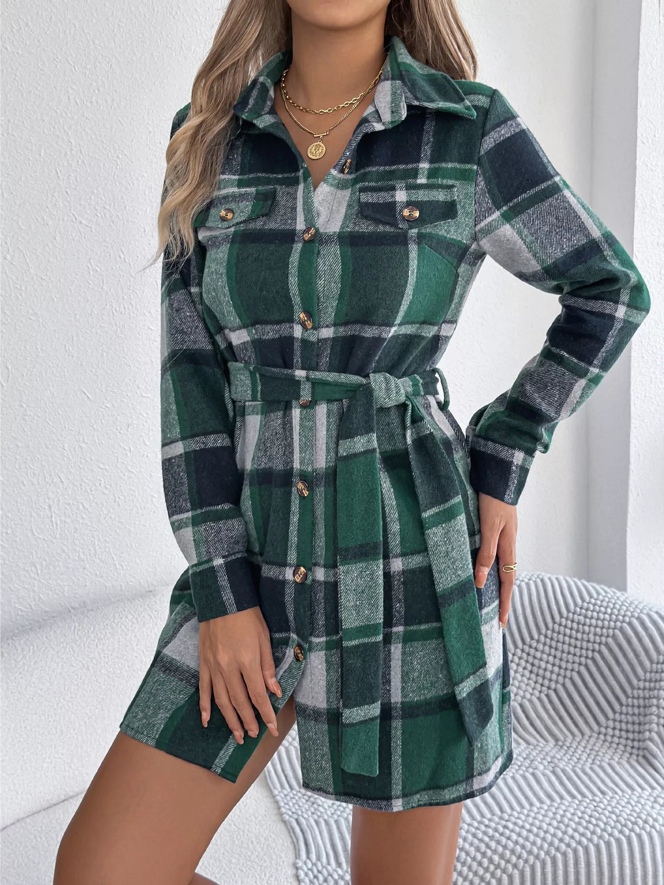 Plaid Button Front Tie Waist Shirt Dress - MAD RUFFI
