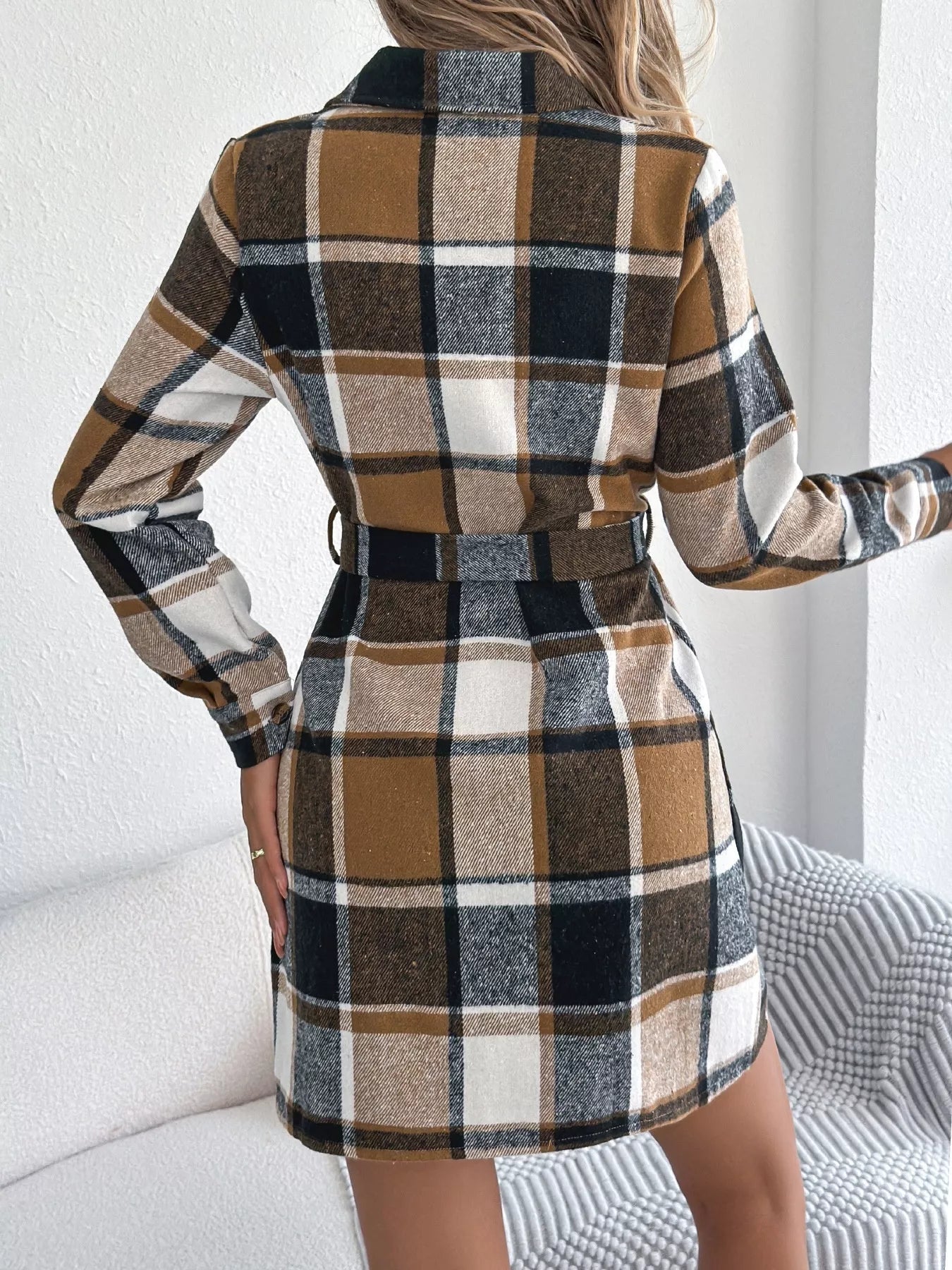 Plaid Button Front Tie Waist Shirt Dress - MAD RUFFI