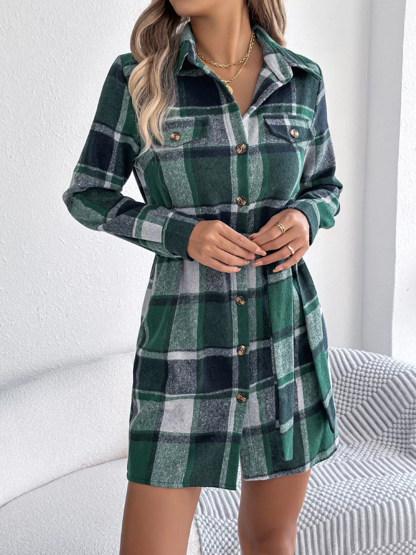 Plaid Button Front Tie Waist Shirt Dress - MAD RUFFI