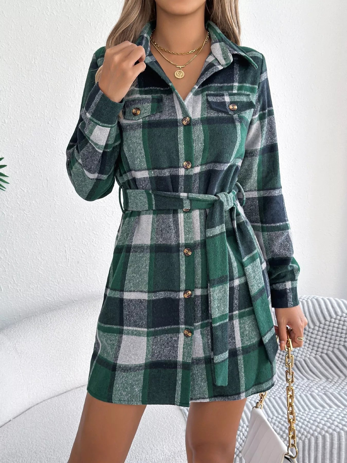 Plaid Button Front Tie Waist Shirt Dress - MAD RUFFI