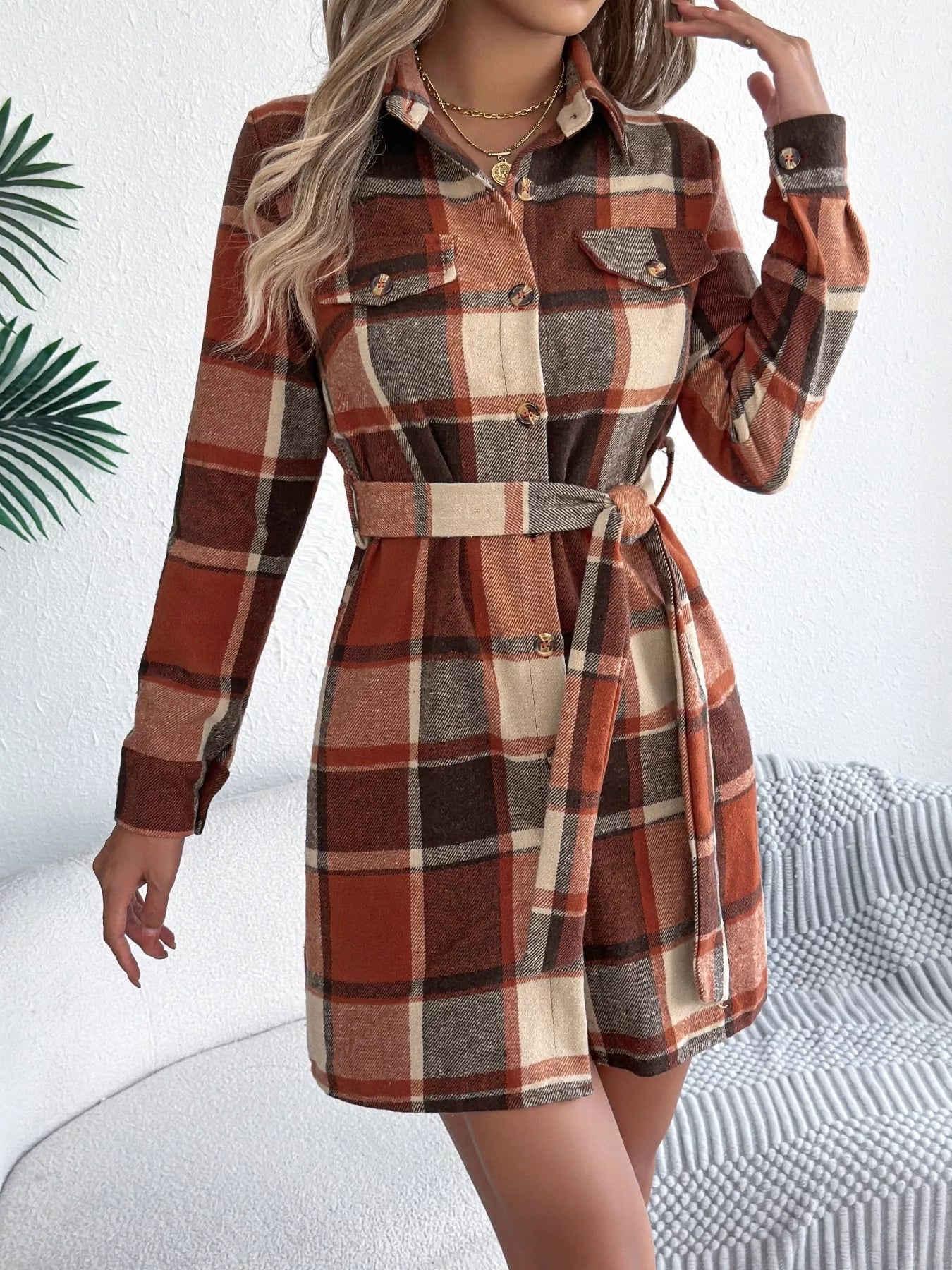 Plaid Button Front Tie Waist Shirt Dress - MAD RUFFI