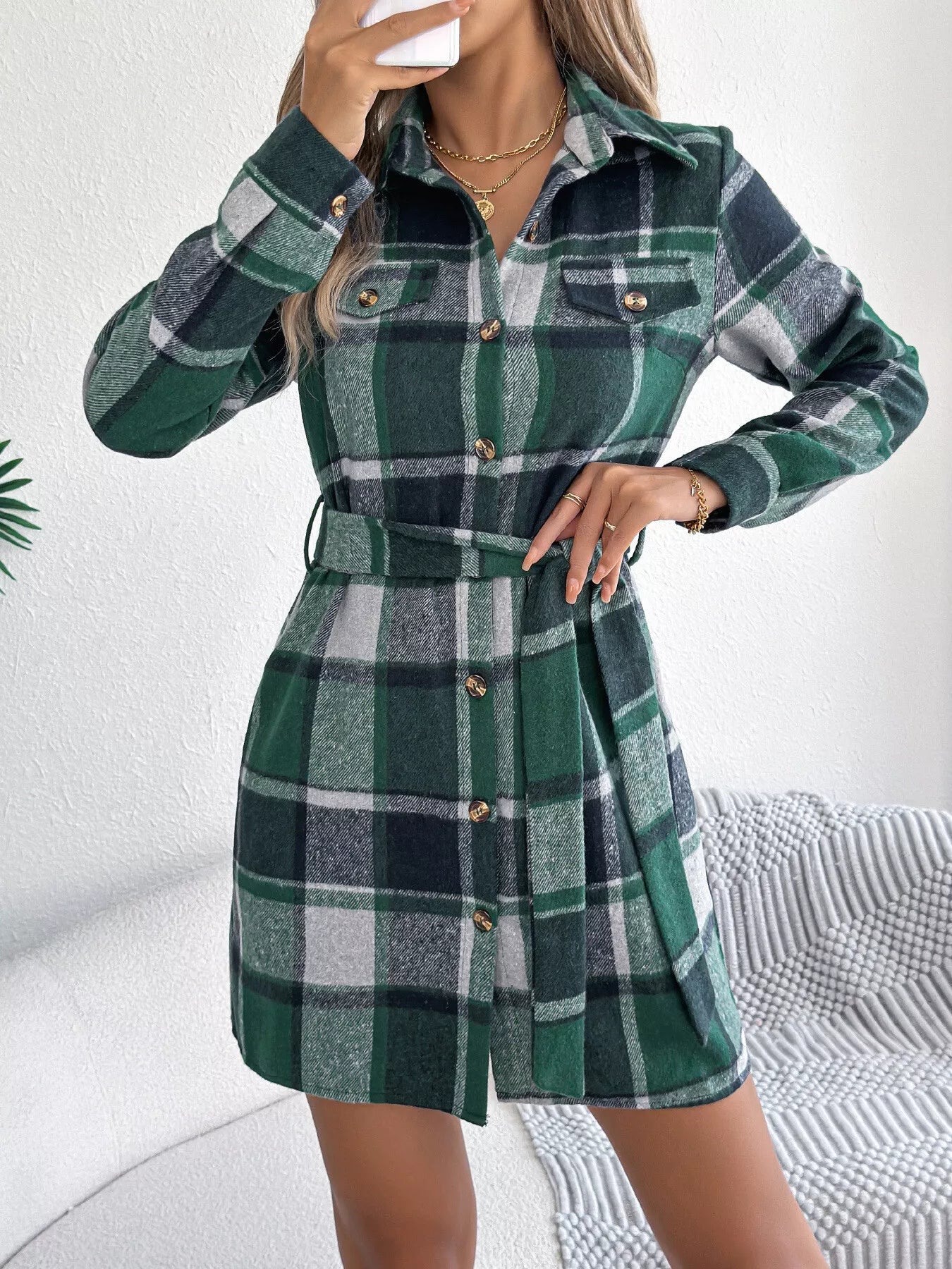 Plaid Button Front Tie Waist Shirt Dress - MAD RUFFI