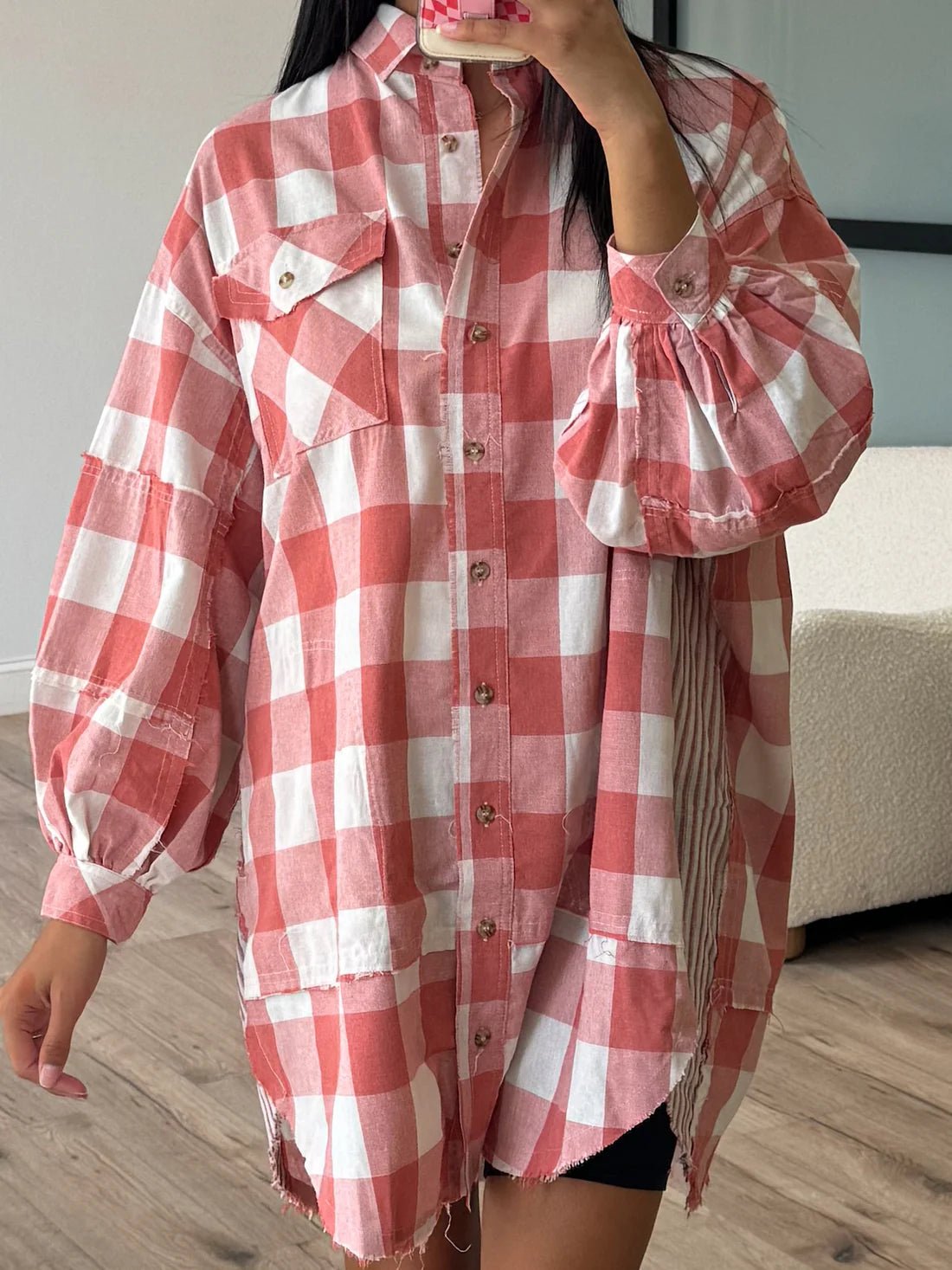 Plaid Collared Neck Long Sleeve Shirt Dress - MAD RUFFI