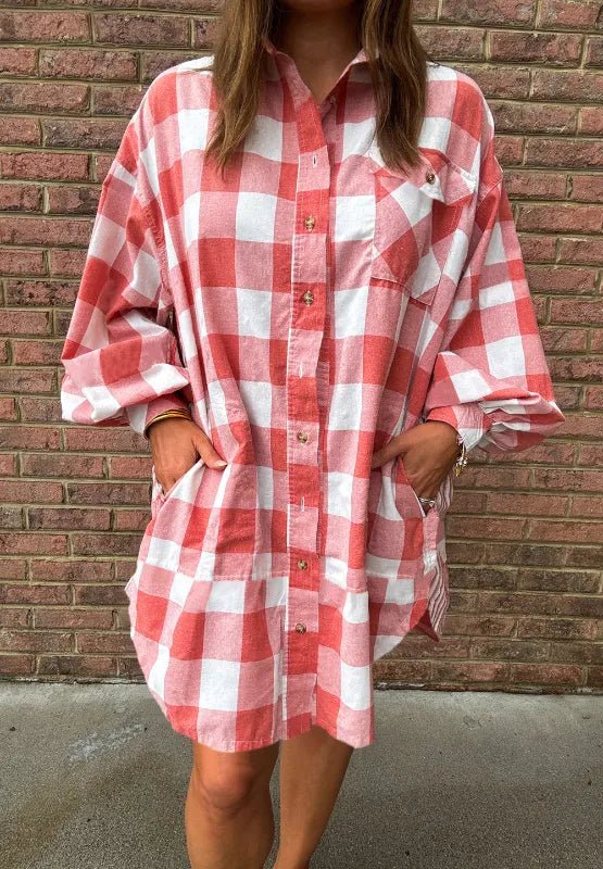 Plaid Collared Neck Long Sleeve Shirt Dress - MAD RUFFI
