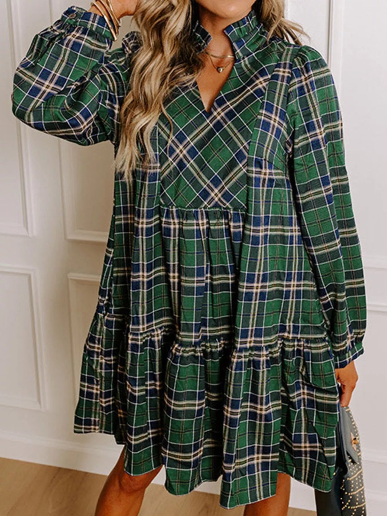 Plaid Frilly Collar Long Sleeve Shift Mini Dress - MAD RUFFI