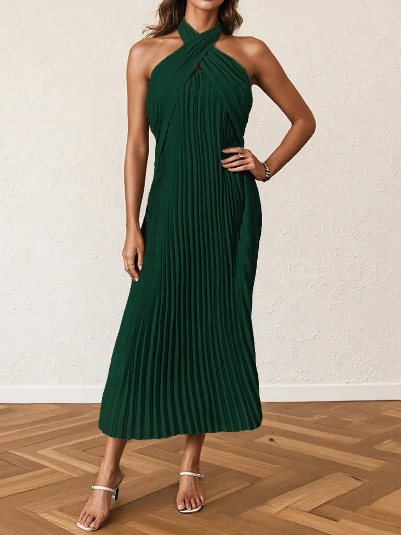 Pleated Halter Neck Midi Dress - MAD RUFFI