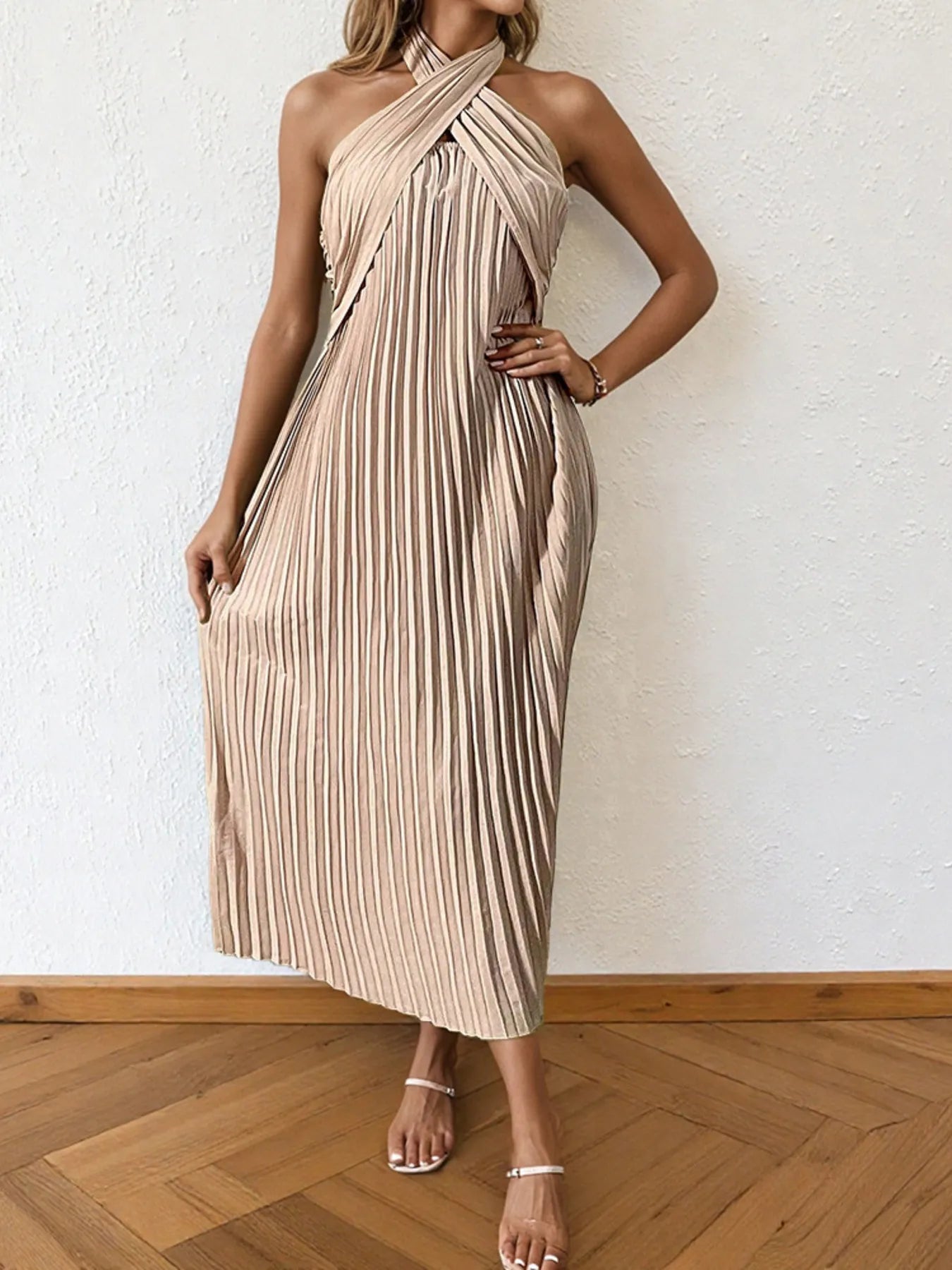 Pleated Halter Neck Midi Dress - MAD RUFFI