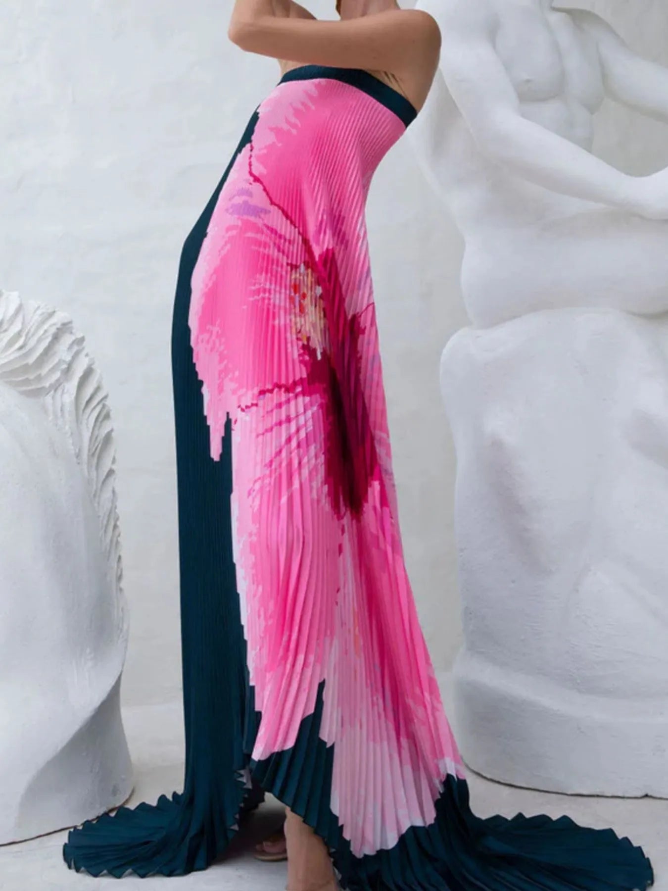 Pleated Printed Tube Floor Length Dress - MAD RUFFI