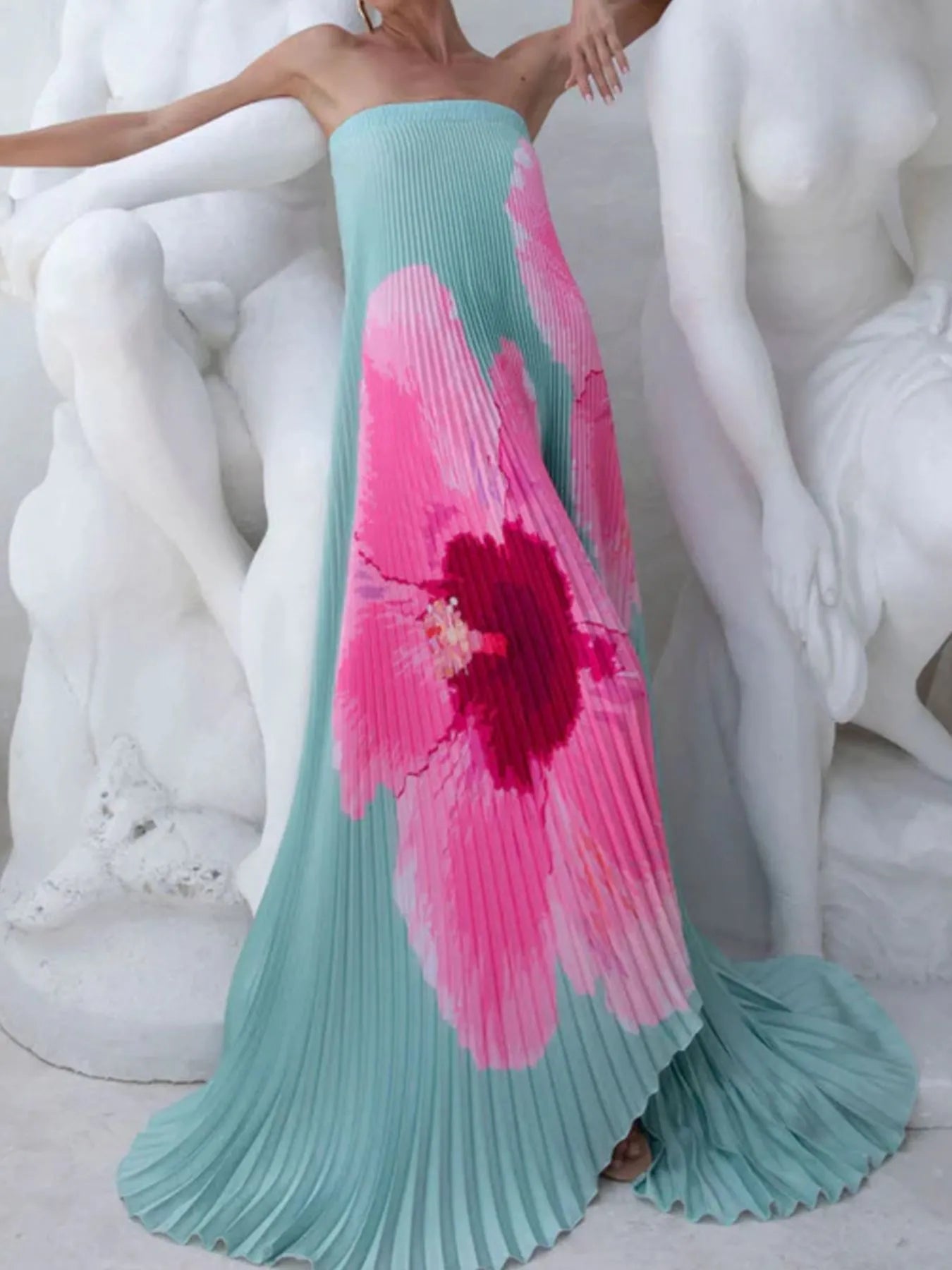 Pleated Printed Tube Floor Length Dress - MAD RUFFI