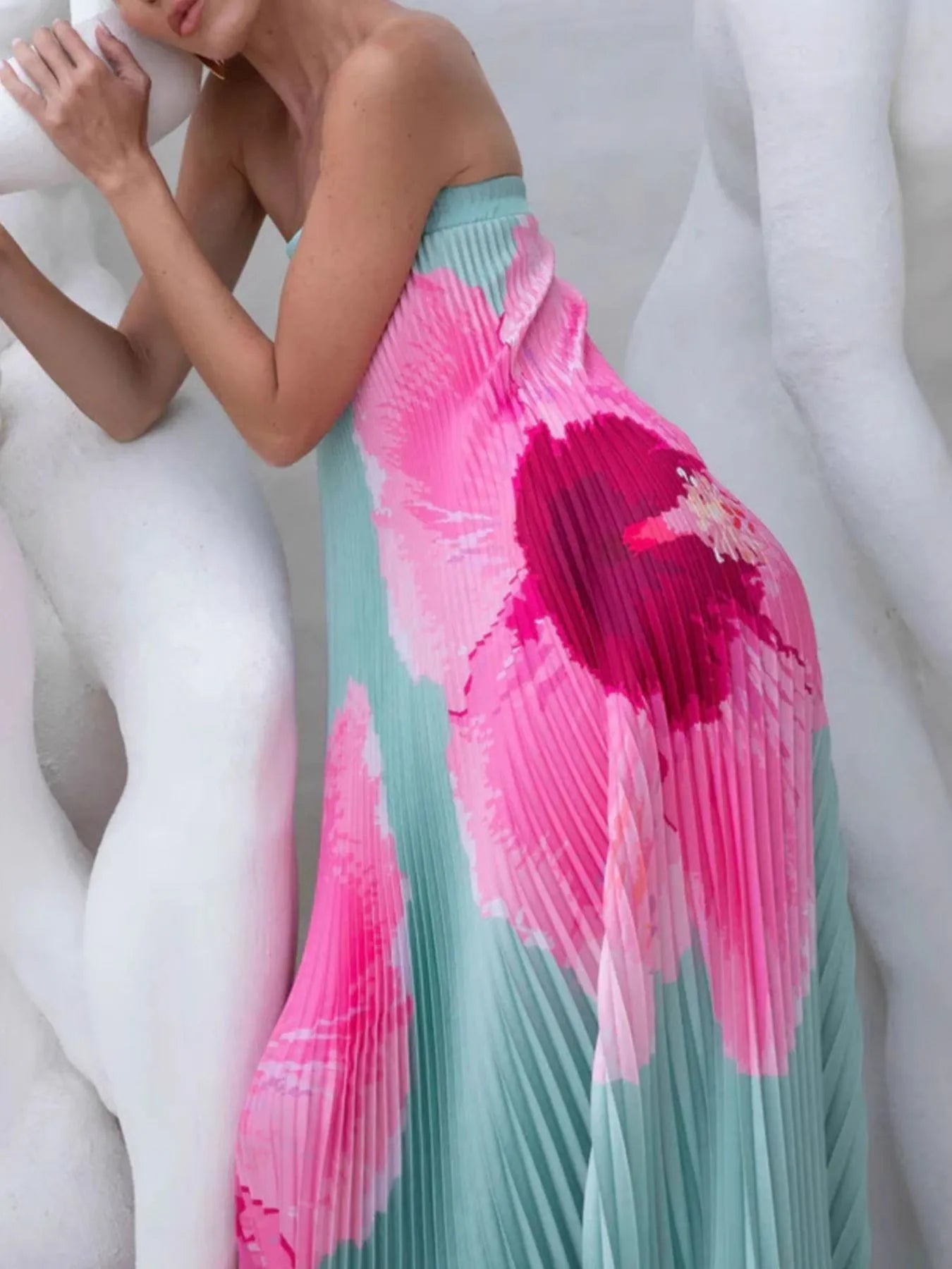 Pleated Printed Tube Floor Length Dress - MAD RUFFI