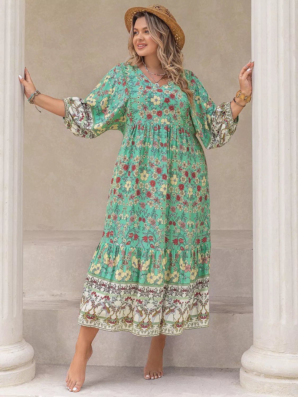 Plus Size Bohemian Floral Print Long Sleeve Midi Dress - MAD RUFFI