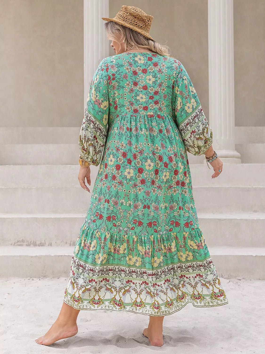 Plus Size Bohemian Floral Print Long Sleeve Midi Dress - MAD RUFFI