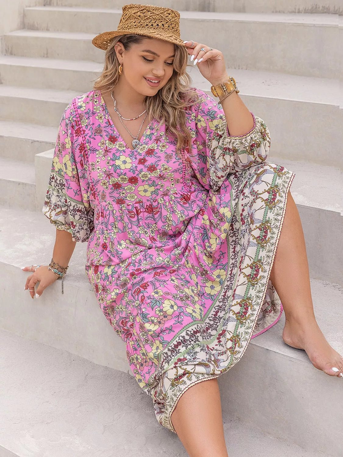 Plus Size Bohemian Floral Print Long Sleeve Midi Dress - MAD RUFFI